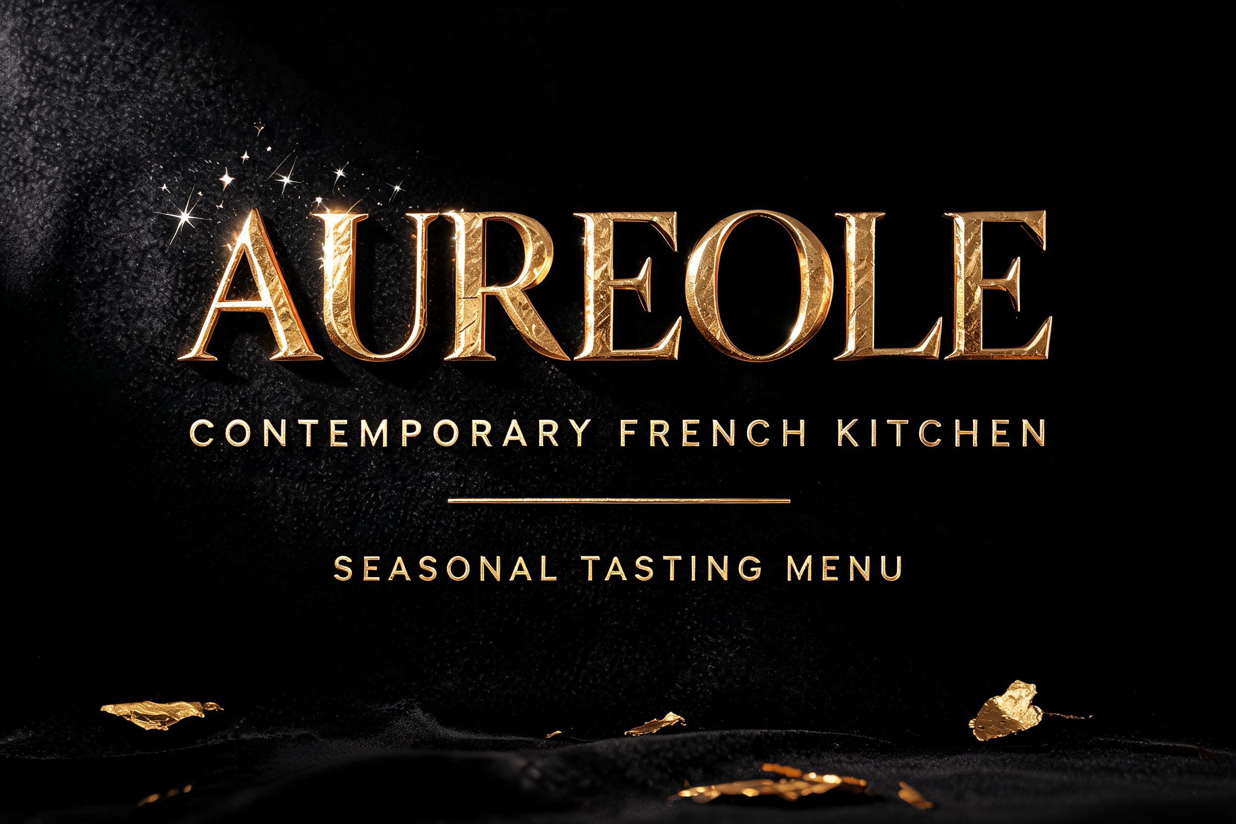 "AUREOLE
CONTEMPORARY FRENCH KITCHEN
SEASONAL TASTING MENU" — Luxury Gold text effect