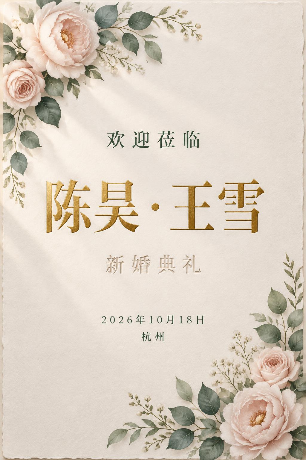 陈昊 · 王雪
欢迎莅临
新婚典礼
2026年10月18日
杭州