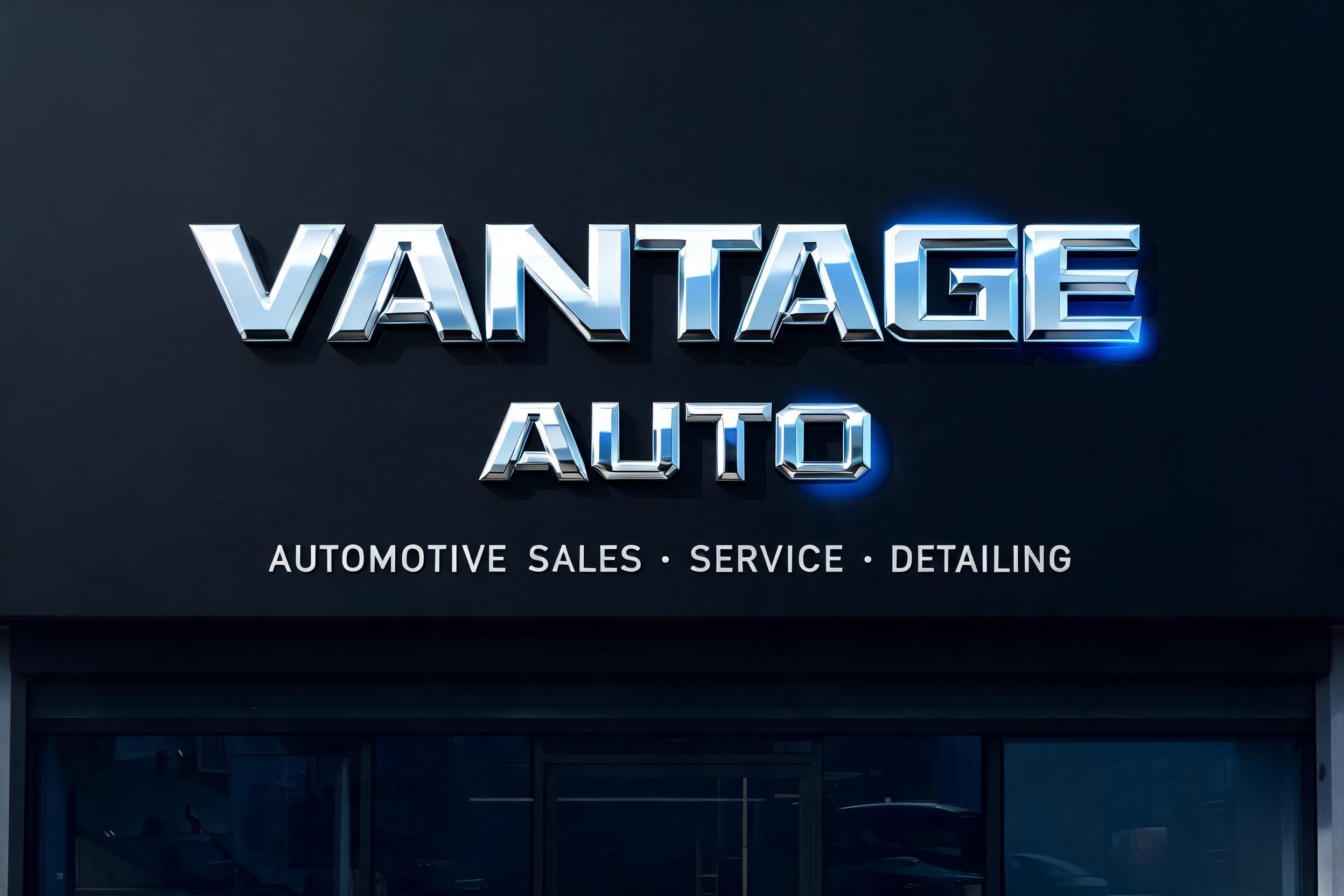 "Design a polished silver logo reading Vantage Auto for my shop front" — Chrome Metal 3d | AI Text Effect Generator