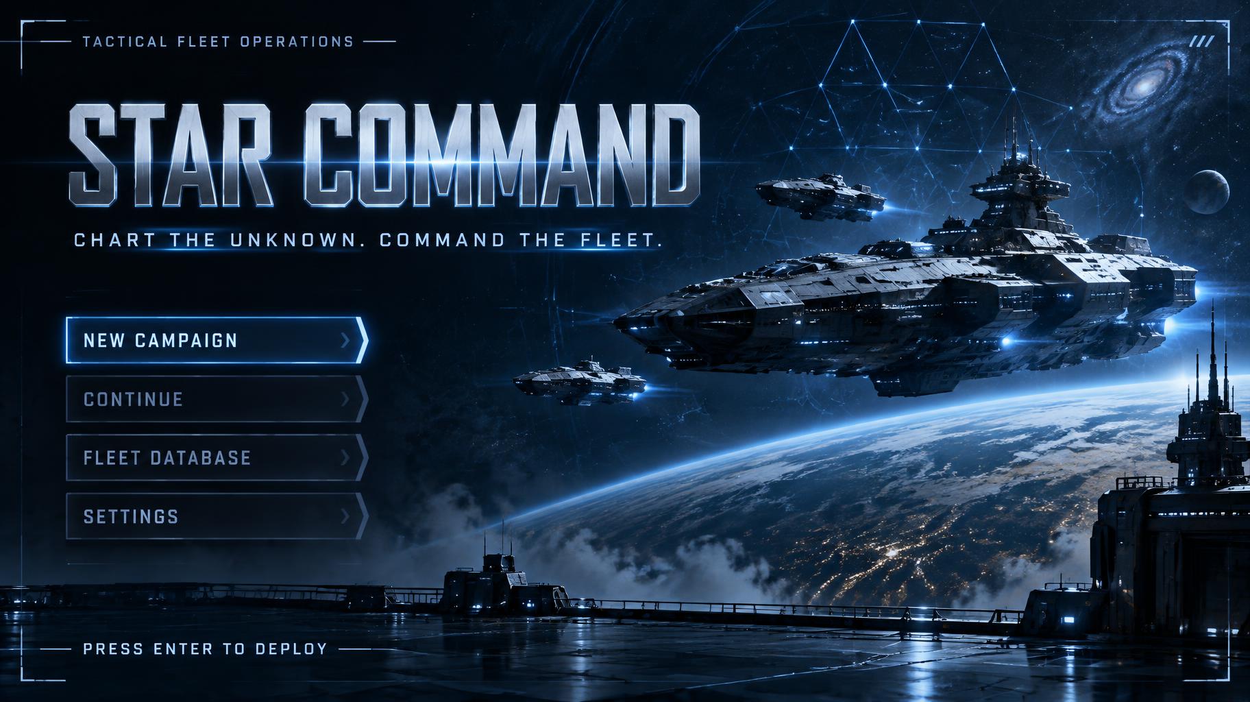 STAR COMMAND
TACTICAL FLEET OPERATIONS
CHART THE UNKNOWN. COMMAND THE FLEET.
NEW CAMPAIGN
CONTINUE
FLEET DATABASE
SETTINGS
PRESS ENTER TO DEPLOY
