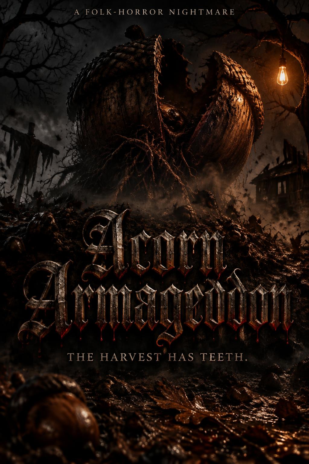 "Acorn Armageddon
THE HARVEST HAS TEETH.
A FOLK-HORROR NIGHTMARE" — Cinematic Horror | AI Text Effect Generator
