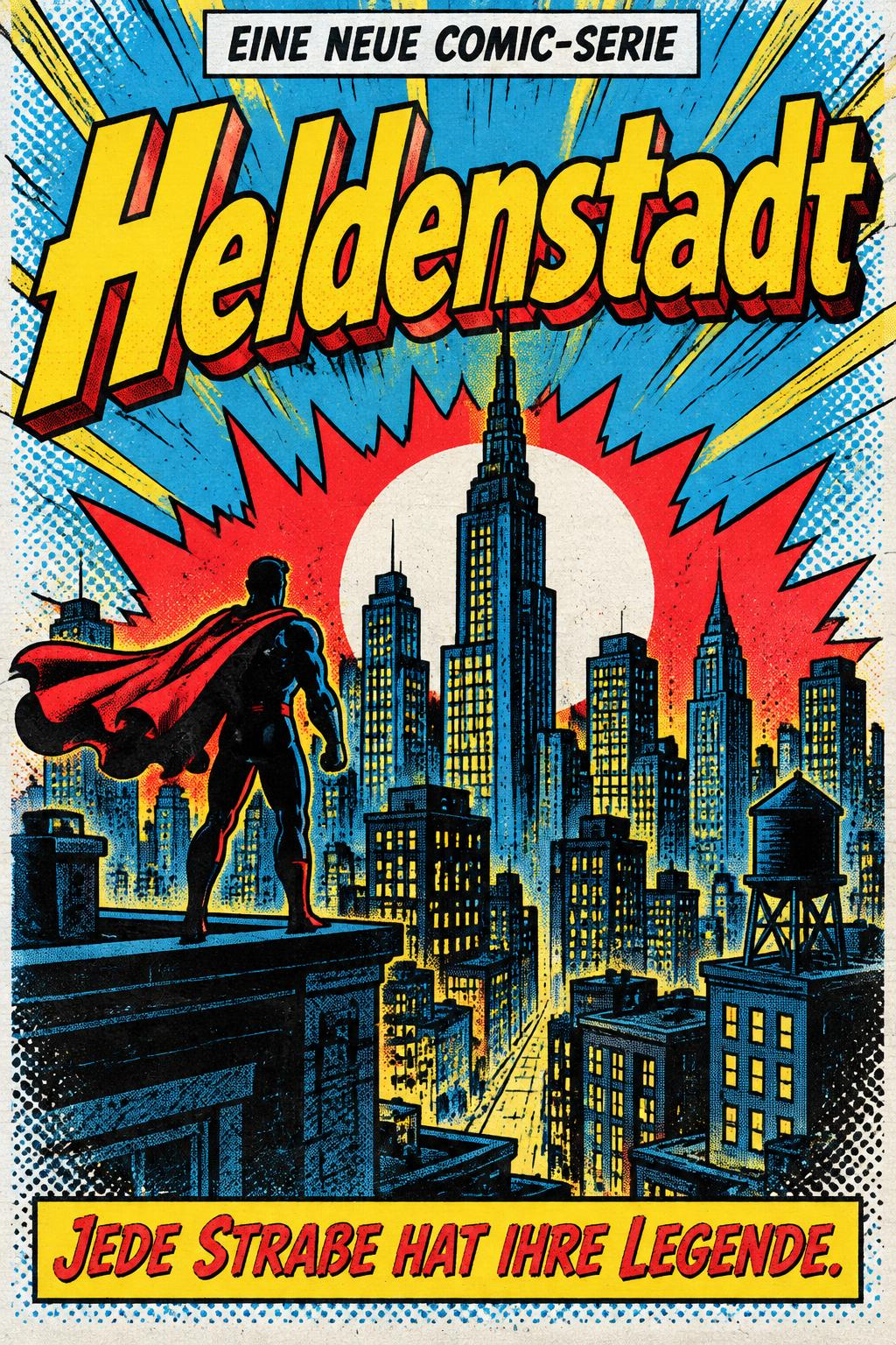 "Heldenstadt
EINE NEUE COMIC-SERIE
Jede Straße hat ihre Legende." — Comic Book | AI Text Effect Generator