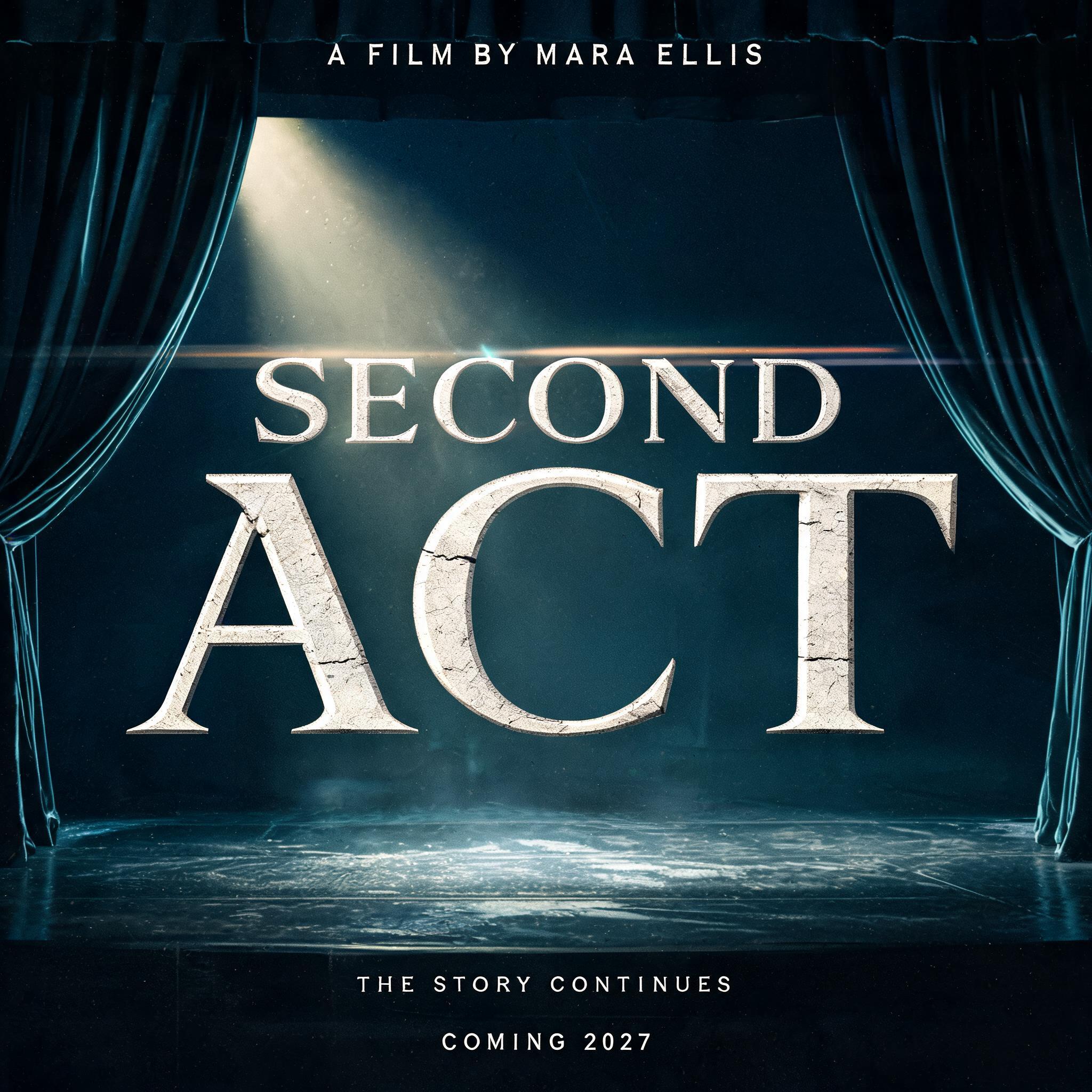 "SECOND ACT
A FILM BY MARA ELLIS
THE STORY CONTINUES
COMING 2027" — Cinematic | AI Text Effect Generator