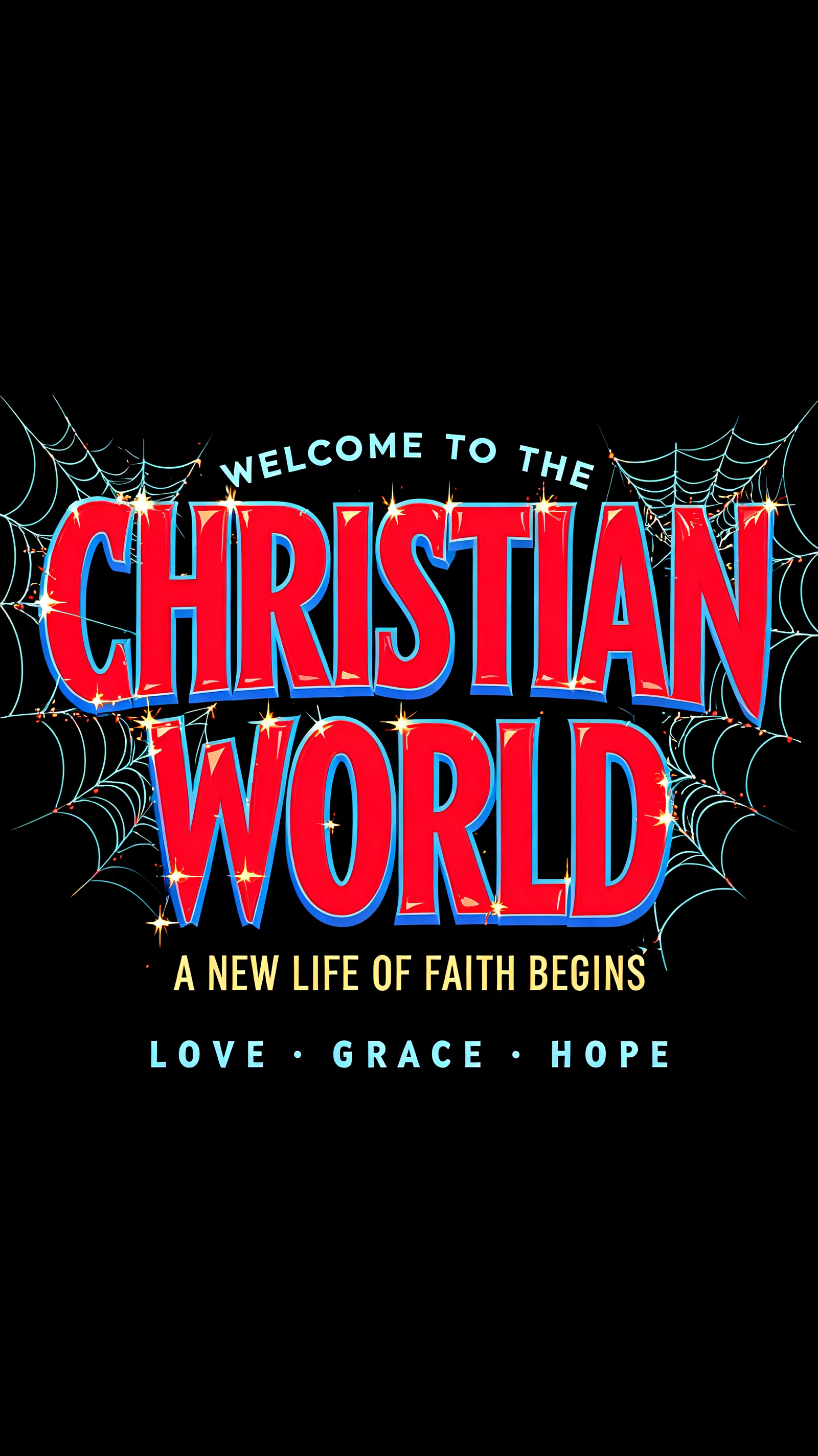 "WELCOME TO THE
CHRISTIAN
WORLD
A NEW LIFE OF FAITH BEGINS
LOVE · GRACE · HOPE" — Spider Hero text effect