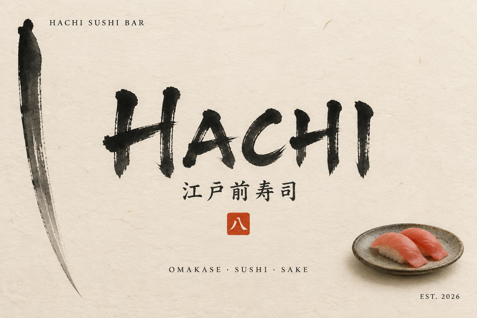 "HACHI
HACHI SUSHI BAR
江戸前寿司
OMAKASE · SUSHI · SAKE
EST. 2026
八" — Brush Japanese Ink | AI Text Effect Generator