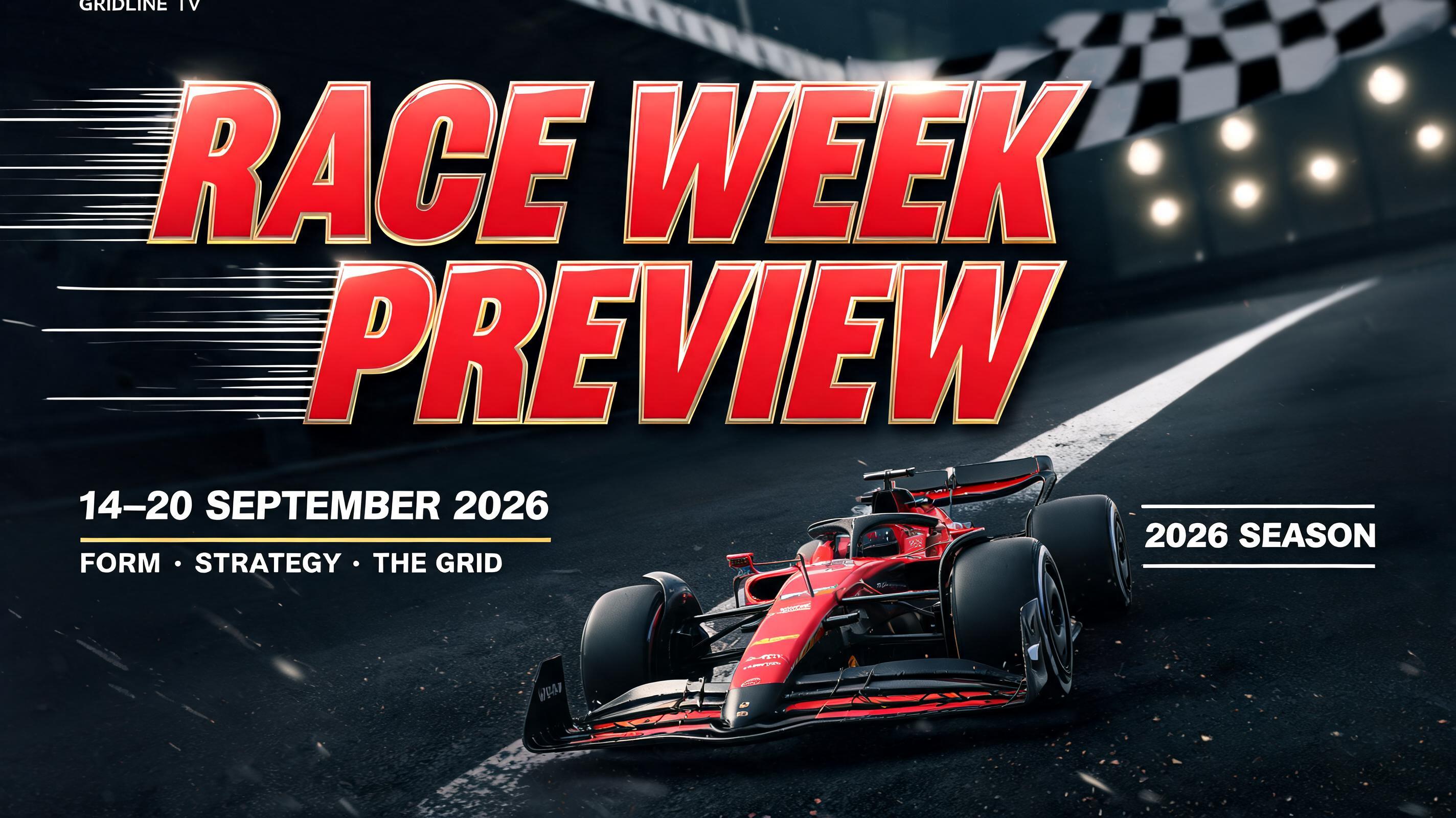 "RACE WEEK
PREVIEW
GRIDLINE TV
14–20 SEPTEMBER 2026
FORM · STRATEGY · THE GRID
2026 SEASON" — Racing text effect