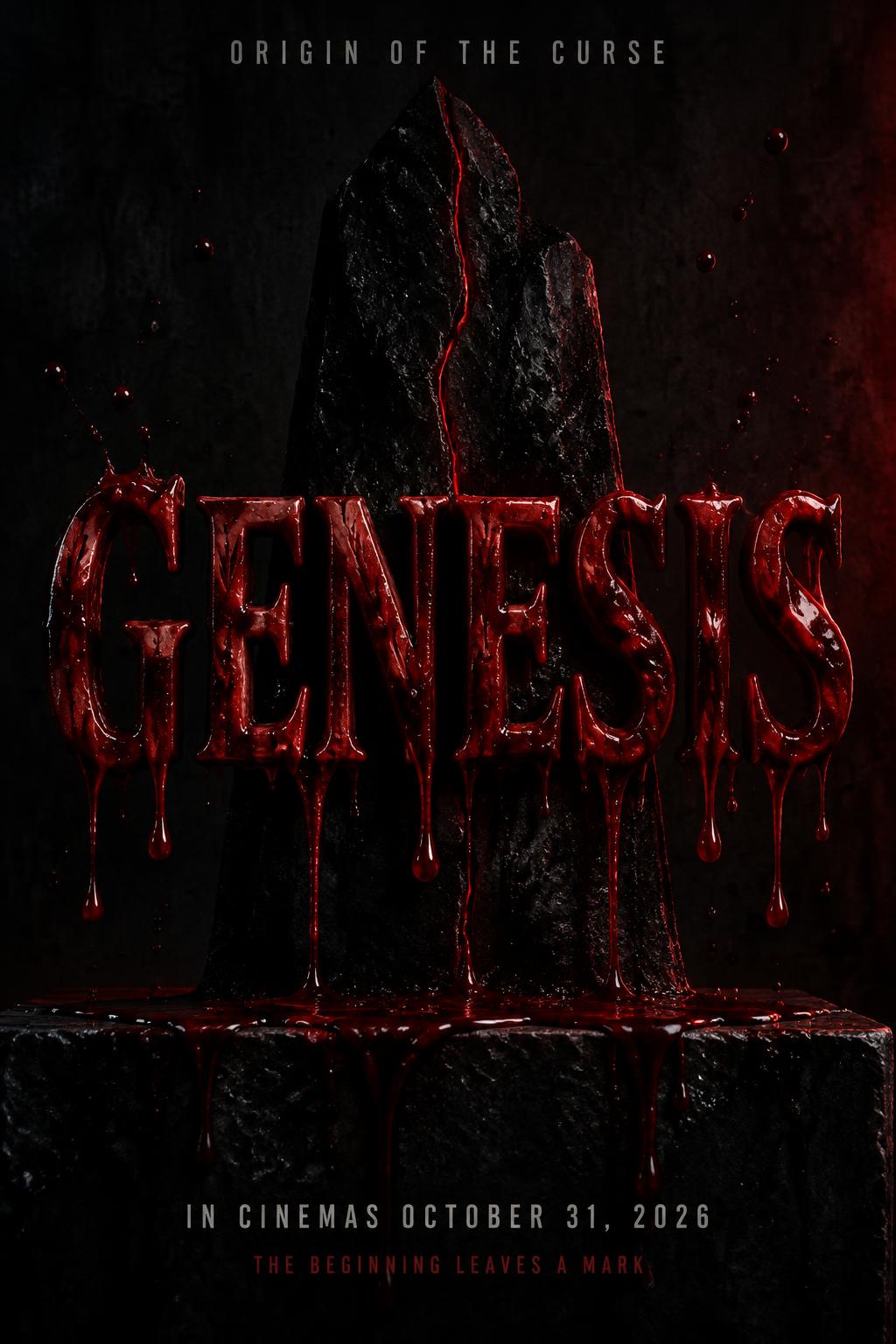 "GENESIS
ORIGIN OF THE CURSE
IN CINEMAS OCTOBER 31, 2026
THE BEGINNING LEAVES A MARK" — Drip Font Blood | AI Text Effect Generator