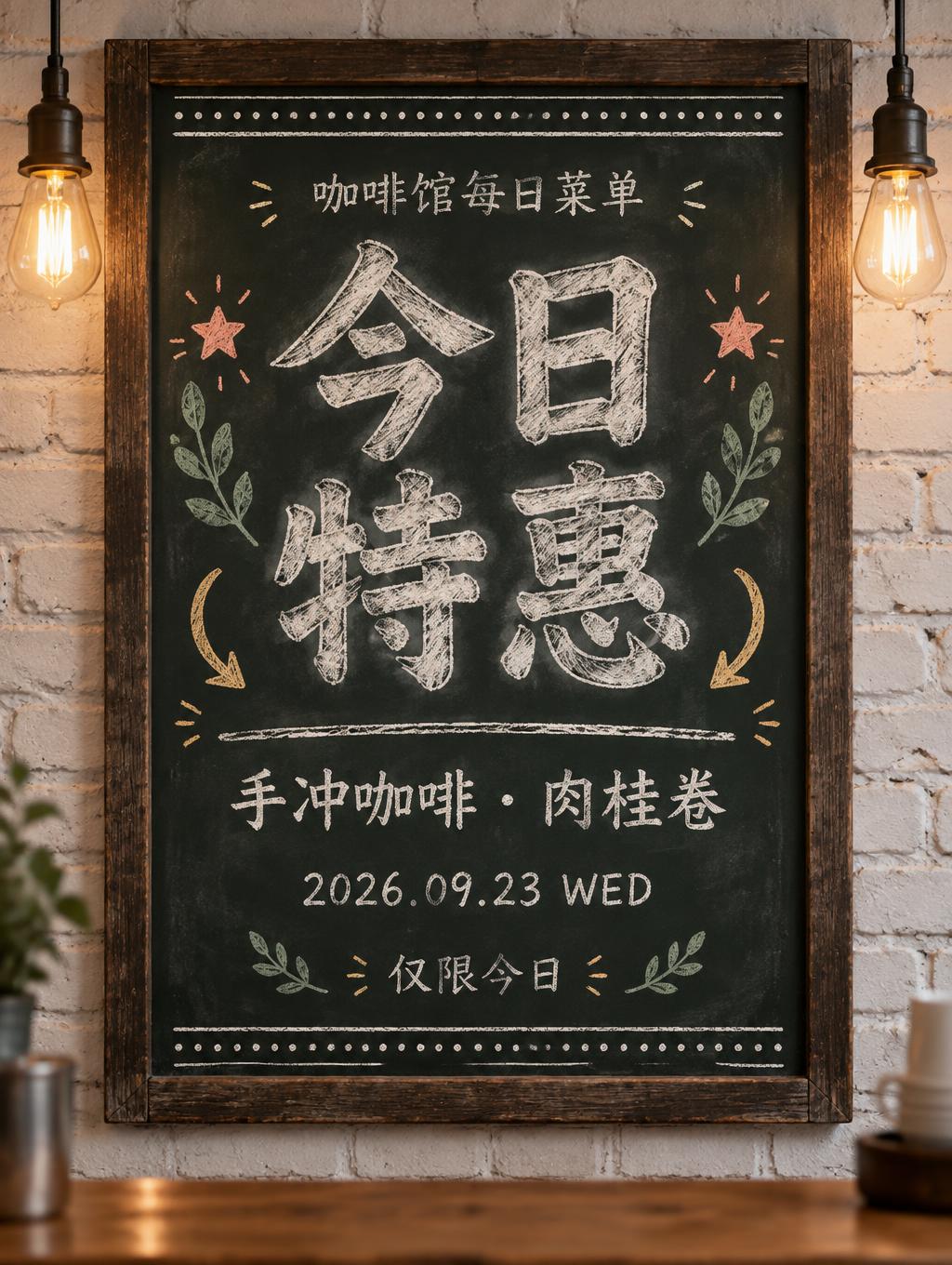 "今日
特惠
咖啡馆每日菜单
手冲咖啡 · 肉桂卷
2026.09.23 WED
仅限今日" — Chalk | AI Text Effect Generator