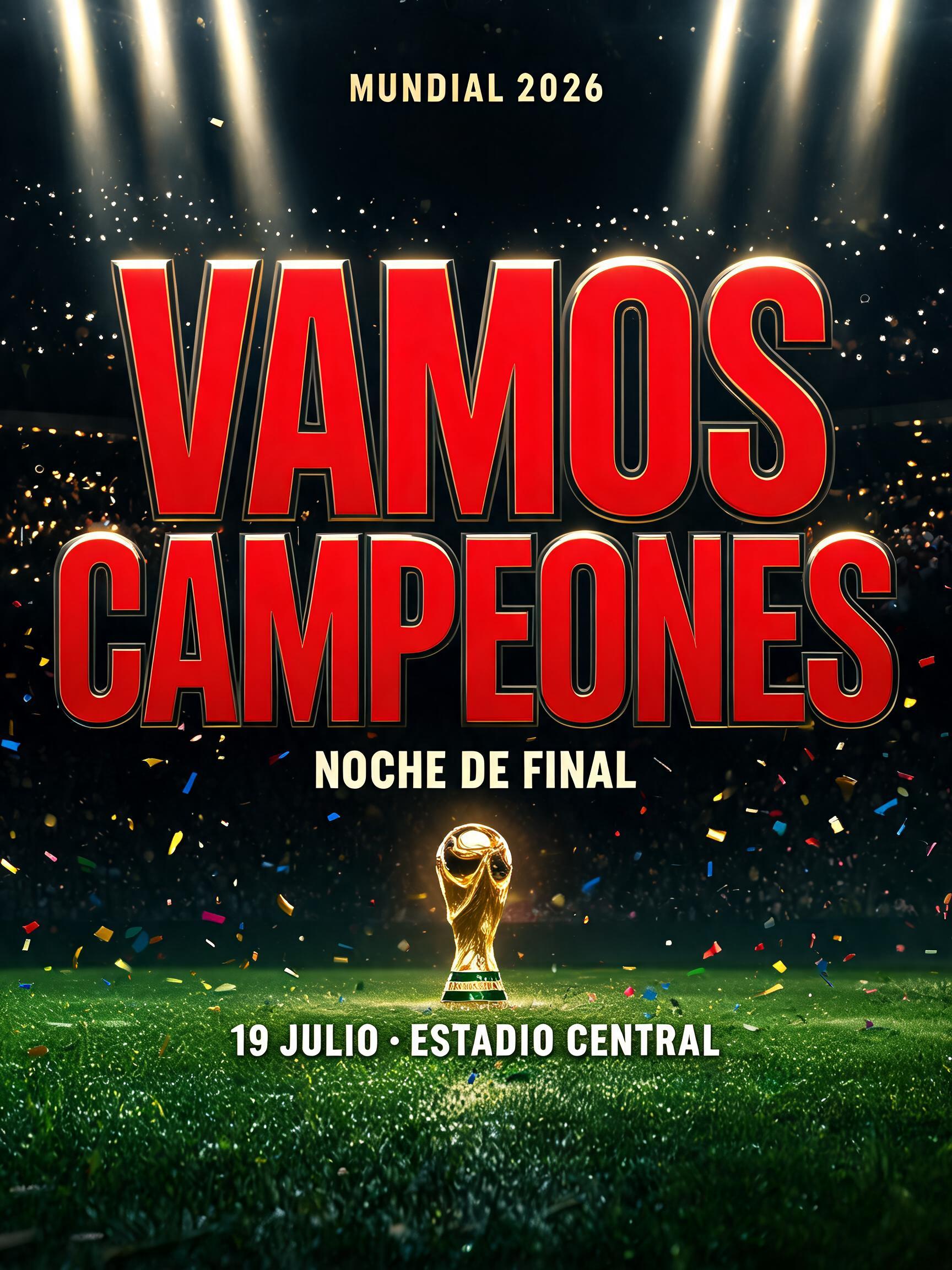 "VAMOS
CAMPEONES
MUNDIAL 2026
NOCHE DE FINAL
19 JULIO · ESTADIO CENTRAL" — Sports Football | AI Text Effect Generator