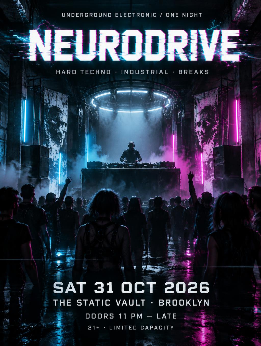 NEURODRIVE
UNDERGROUND ELECTRONIC / ONE NIGHT
HARD TECHNO · INDUSTRIAL · BREAKS
SAT 31 OCT 2026
THE STATIC VAULT · BROOKLYN
DOORS 11 PM — LATE
21+ · LIMITED CAPACITY