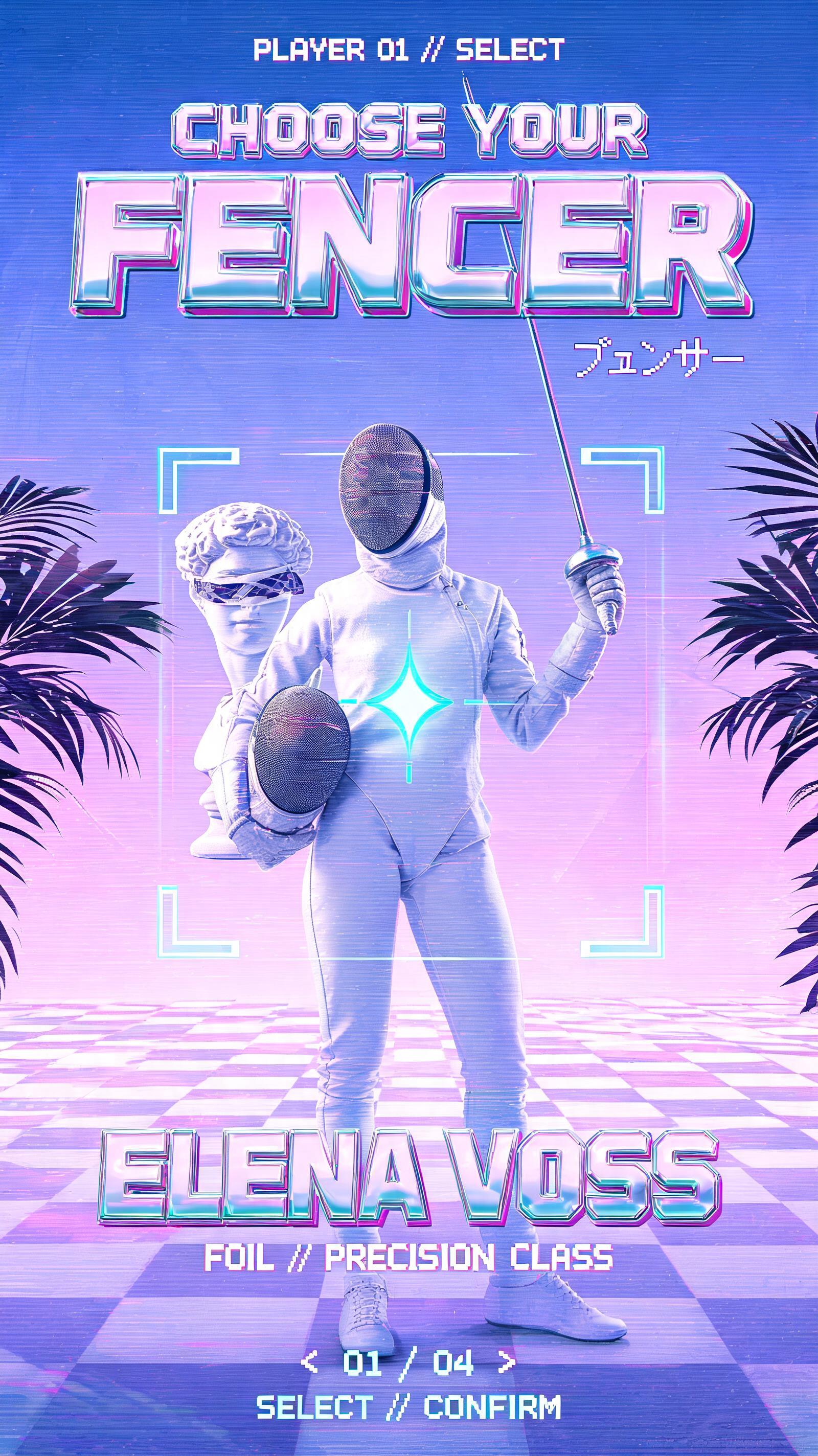 "CHOOSE YOUR
FENCER
PLAYER 01 // SELECT
ELENA VOSS
FOIL // PRECISION CLASS
◀ 01 / 04 ▶
SELECT // CONFIRM
フェンサー" — Vaporwave text effect
