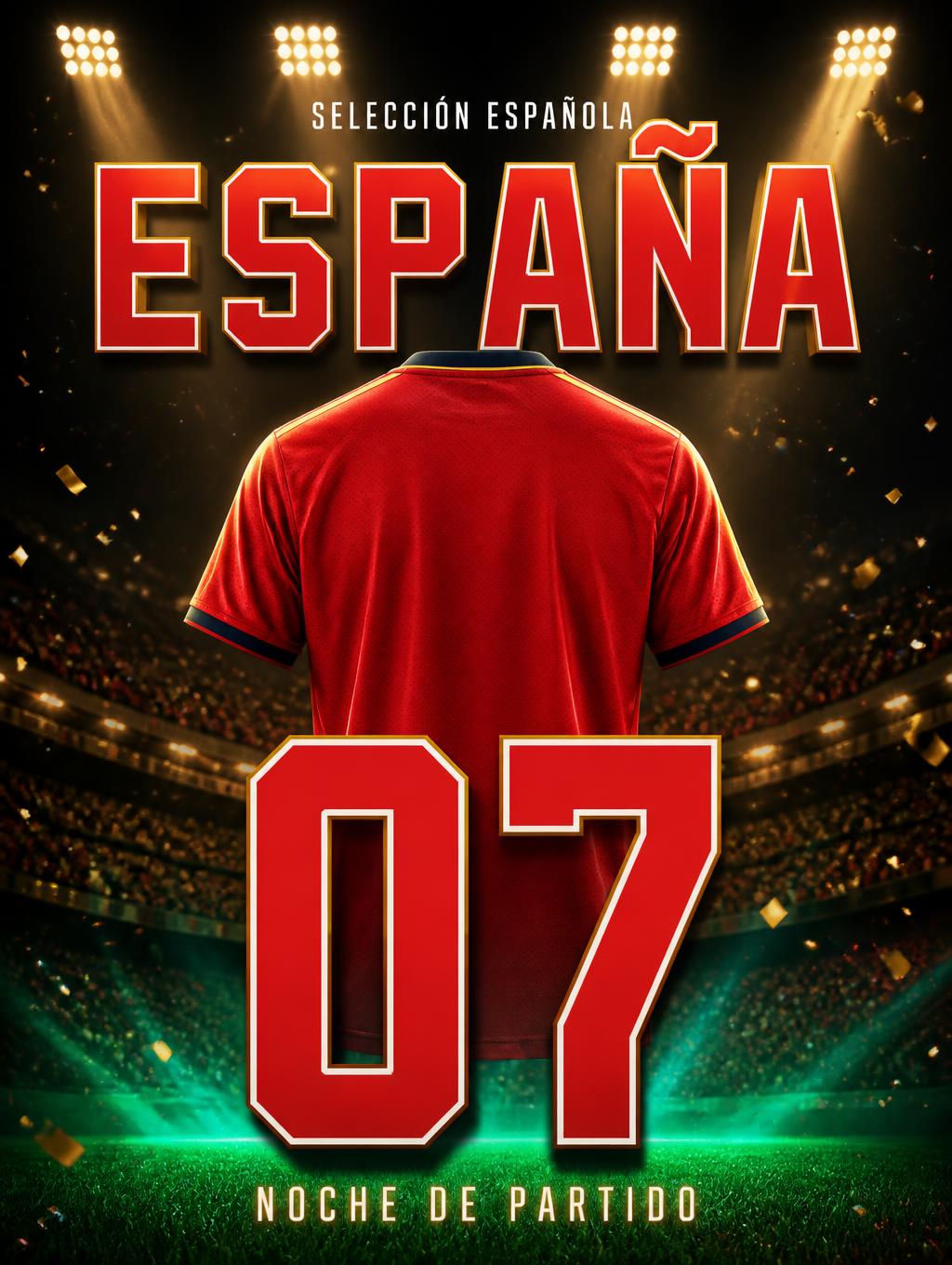 "ESPAÑA
07
SELECCIÓN ESPAÑOLA
NOCHE DE PARTIDO" — Sports Football | AI Text Effect Generator