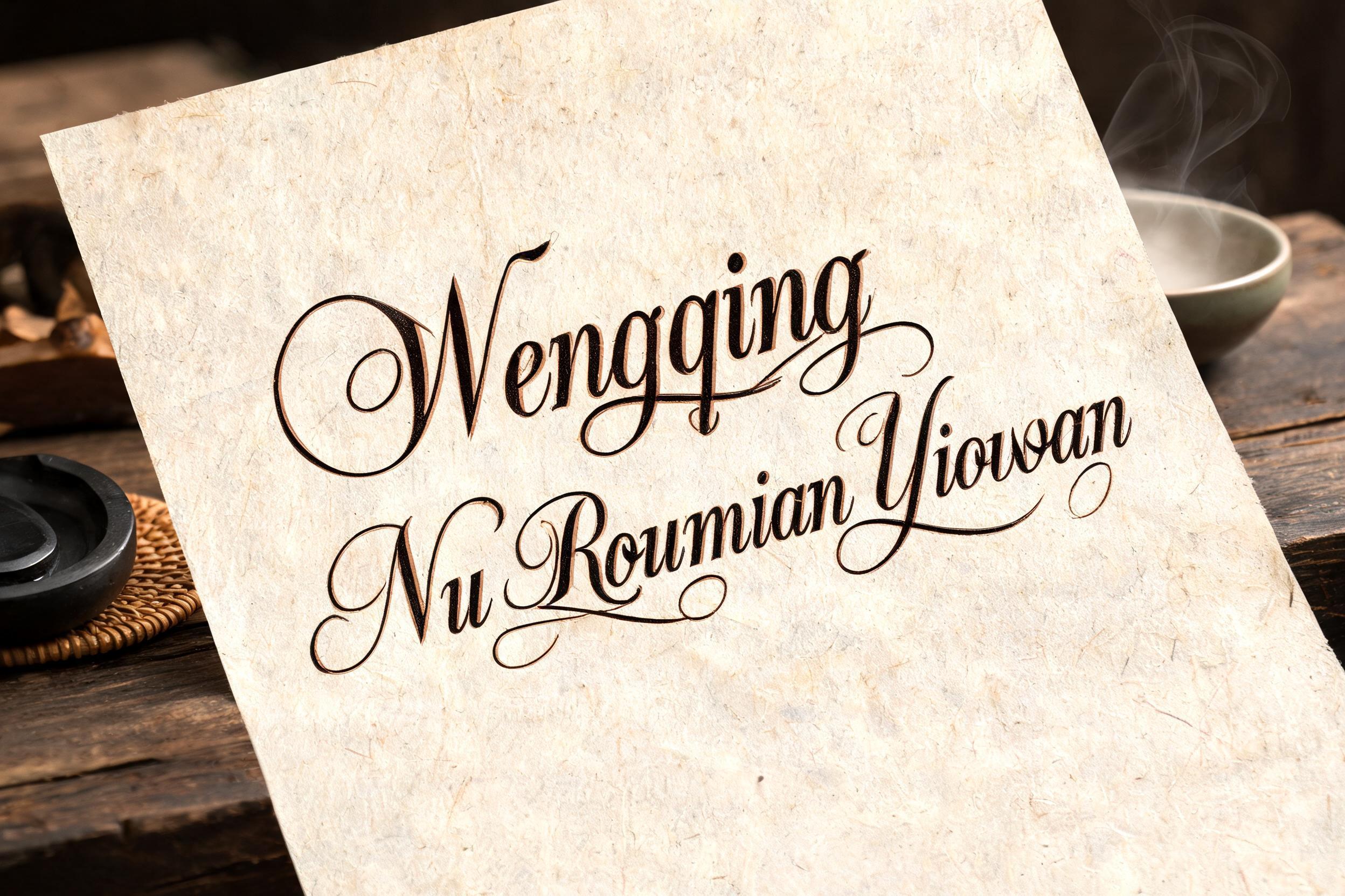 "Wangqing Niu Roumian Yiwan" — Cursive text effect