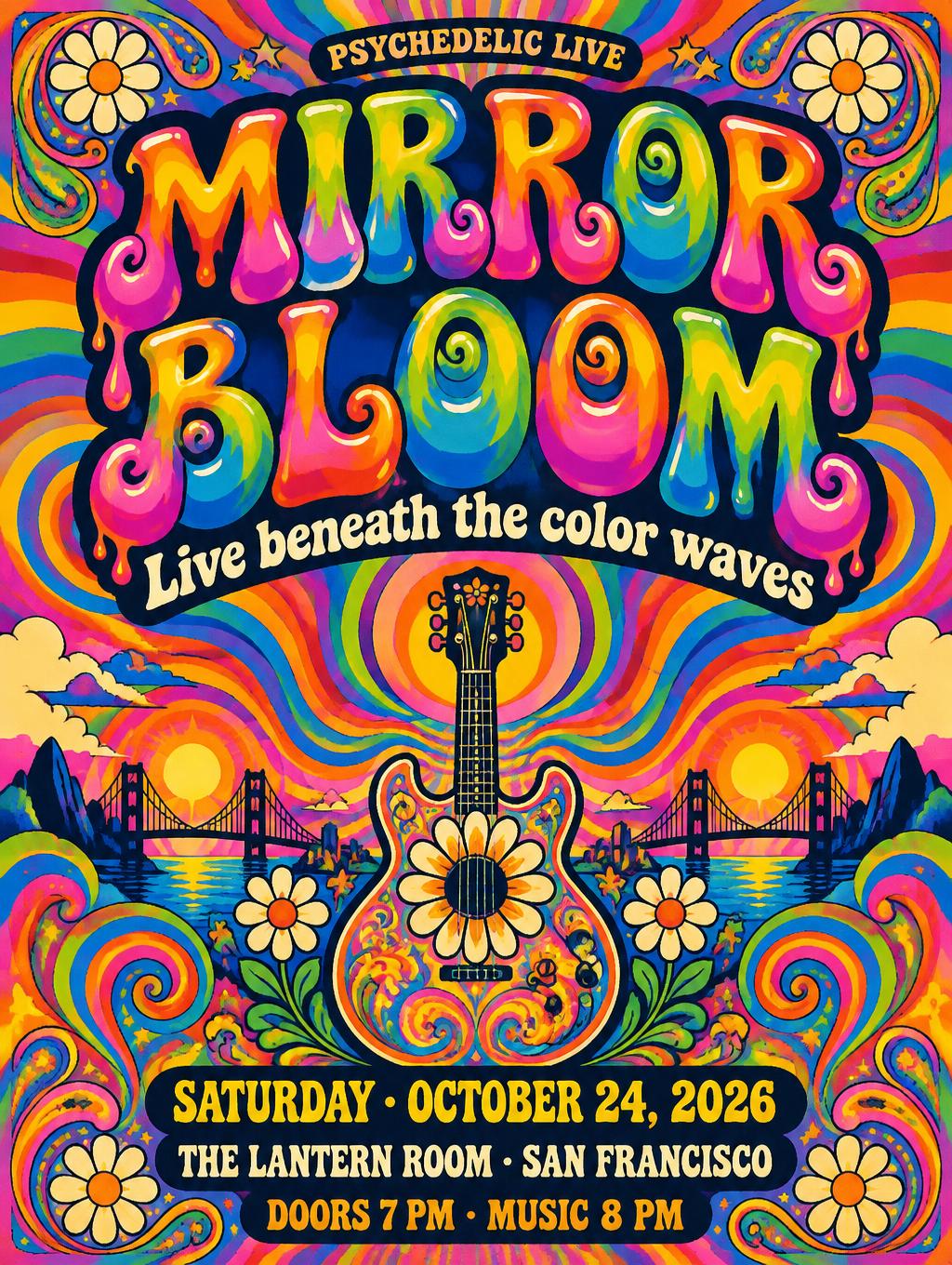"PSYCHEDELIC LIVE
MIRROR BLOOM
Live beneath the color waves
SATURDAY · OCTOBER 24, 2026
THE LANTERN ROOM · SAN FRANCISCO
DOORS 7 PM · MUSIC 8 PM" — Psychedelic | AI Text Effect Generator