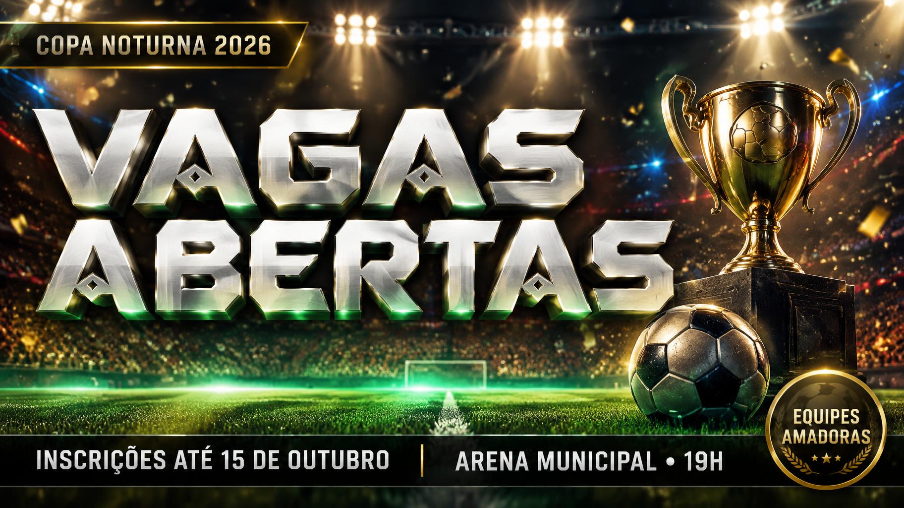 "VAGAS
ABERTAS
COPA NOTURNA 2026
INSCRIÇÕES ATÉ 15 DE OUTUBRO
ARENA MUNICIPAL • 19H
EQUIPES AMADORAS" — Sports Football | AI Text Effect Generator