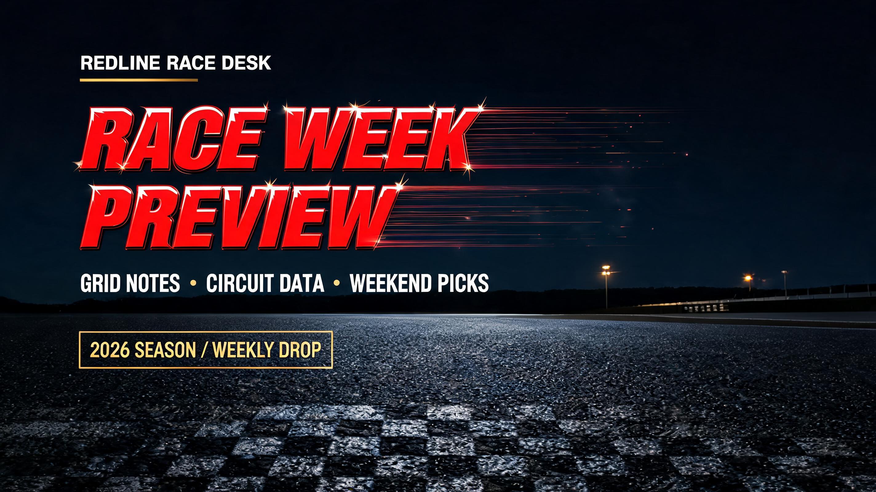 "RACE WEEK
PREVIEW
REDLINE RACE DESK
GRID NOTES  •  CIRCUIT DATA  •  WEEKEND PICKS
2026 SEASON / WEEKLY DROP" — Racing | AI Text Effect Generator