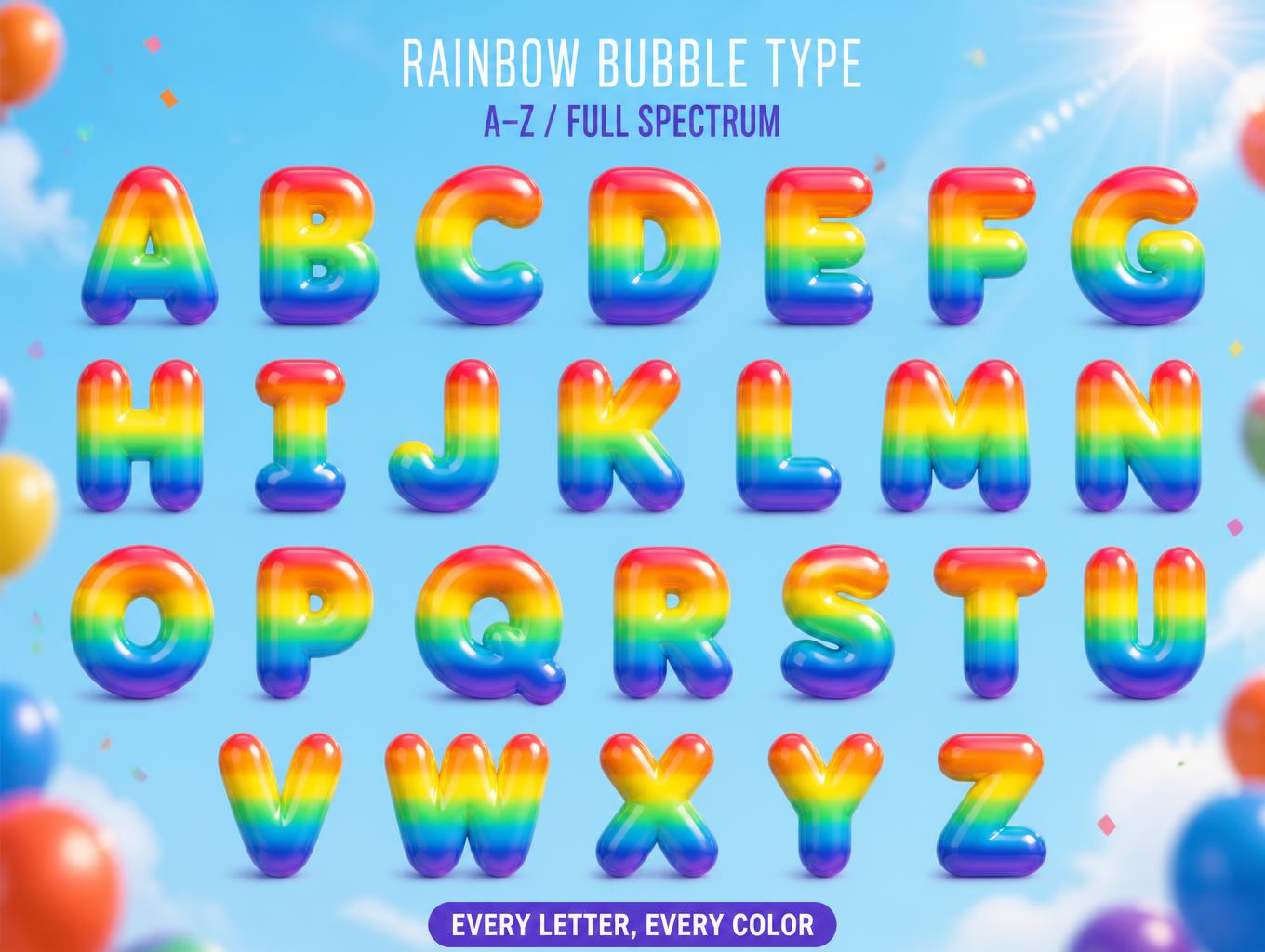 "RAINBOW BUBBLE TYPE
A–Z / FULL SPECTRUM
A  B  C  D  E  F  G
H  I  J  K  L  M  N
O  P  Q  R  S  T  U
V  W  X  Y  Z
EVERY LETTER, EVERY COLOR" — Rainbow | AI Text Effect Generator