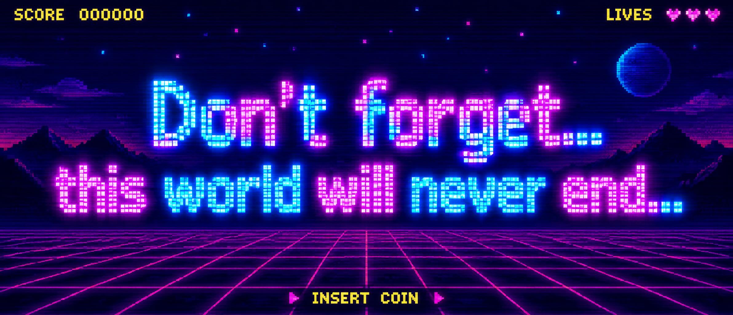 "Don’t forget… this world will never end…" — Pixel Art text effect