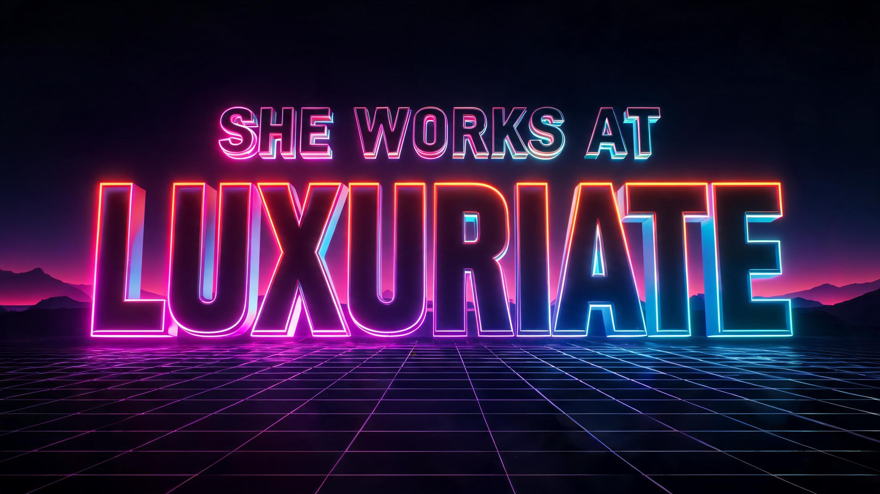 "SHE WORKS AT LUXURIATE" — 3d Bold Neon text effect