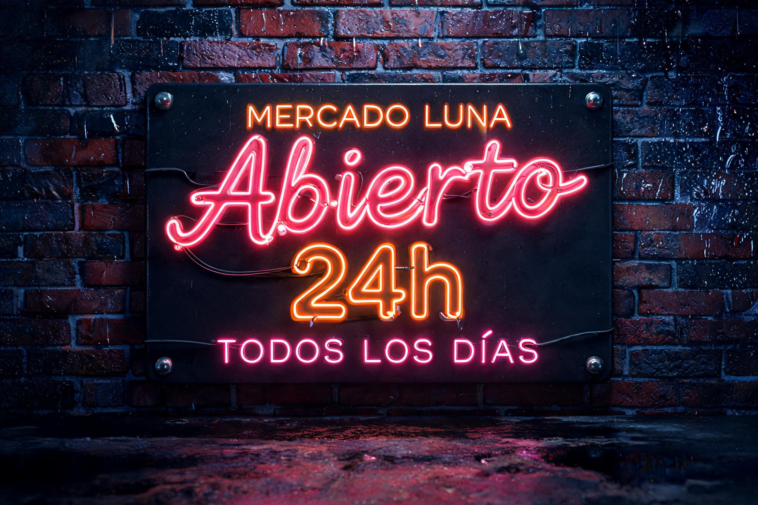 "Abierto
24h
MERCADO LUNA
TODOS LOS DÍAS" — Neon Sign | AI Text Effect Generator