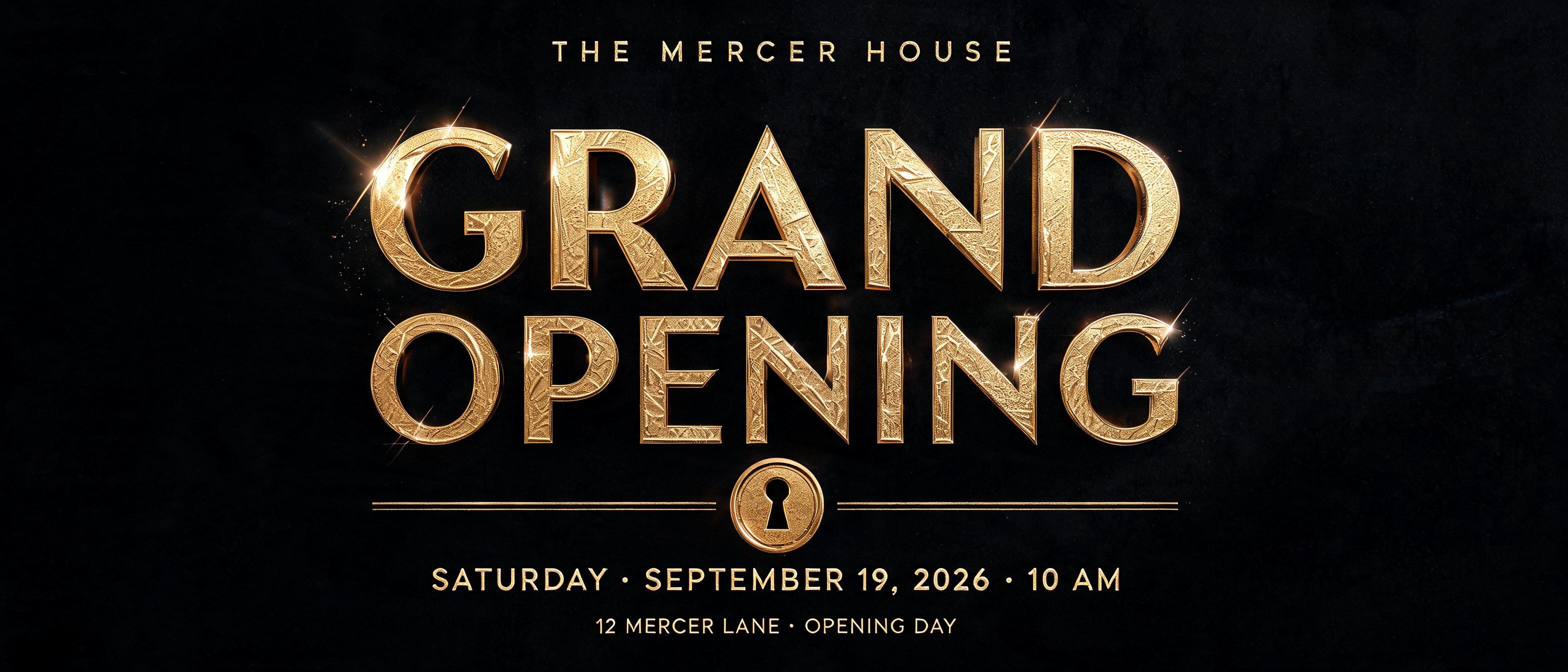 "Grand
Opening
THE MERCER HOUSE
SATURDAY · SEPTEMBER 19, 2026 · 10 AM
12 MERCER LANE · OPENING DAY" — 3d Bold Gold | AI Text Effect Generator