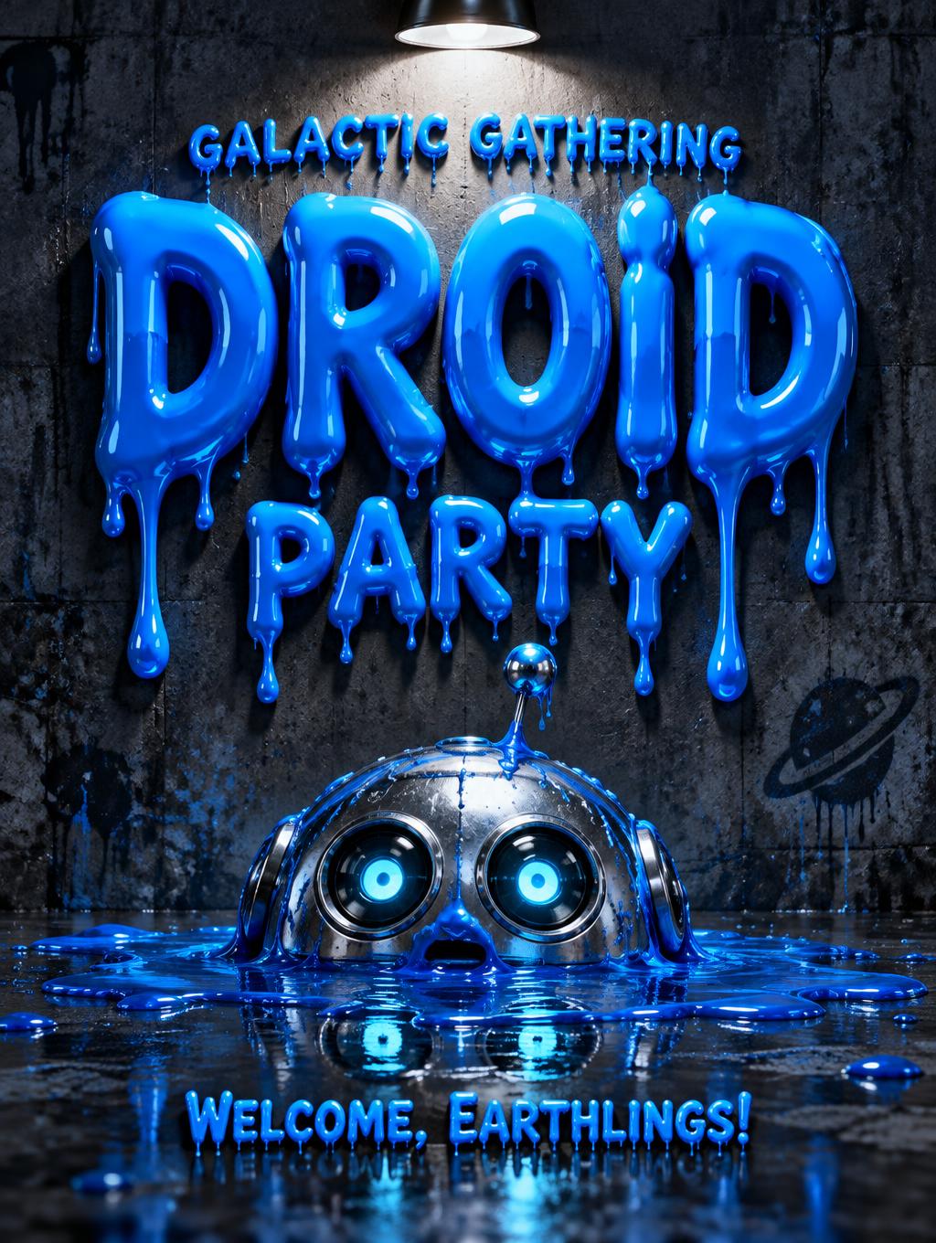 "DROID
PARTY
GALACTIC GATHERING
WELCOME, EARTHLINGS!" — Drip Font | AI Text Effect Generator
