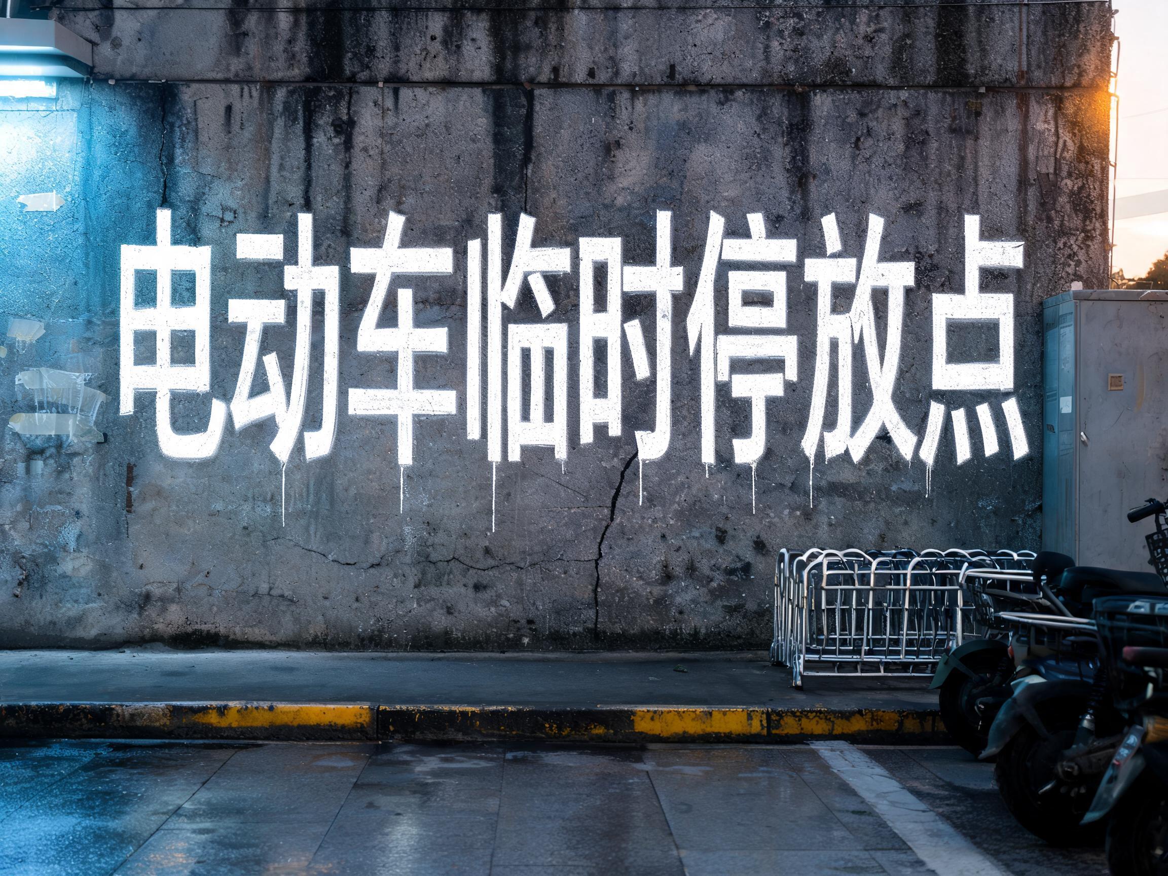 "电动车临时停放点" — Stencil text effect