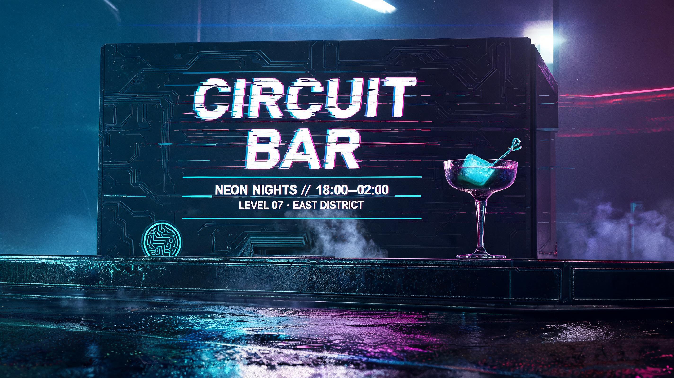 CIRCUIT BAR
NEON NIGHTS // 18:00—02:00
LEVEL 07 · EAST DISTRICT