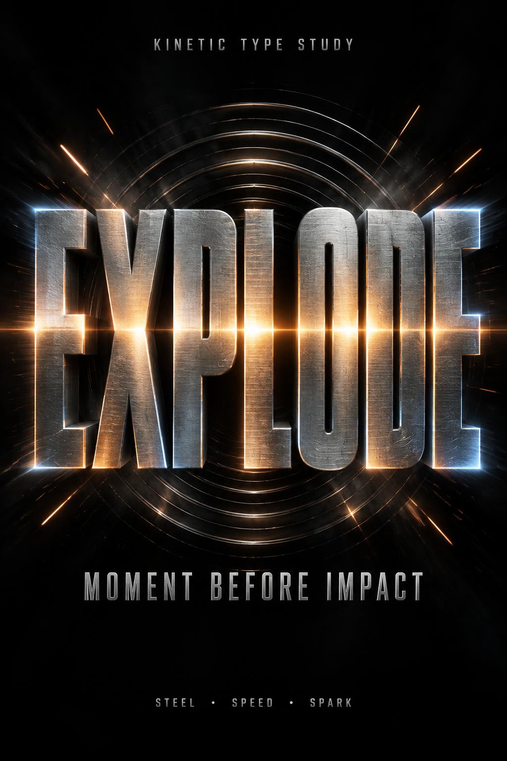 EXPLODE
KINETIC TYPE STUDY
MOMENT BEFORE IMPACT
STEEL • SPEED • SPARK