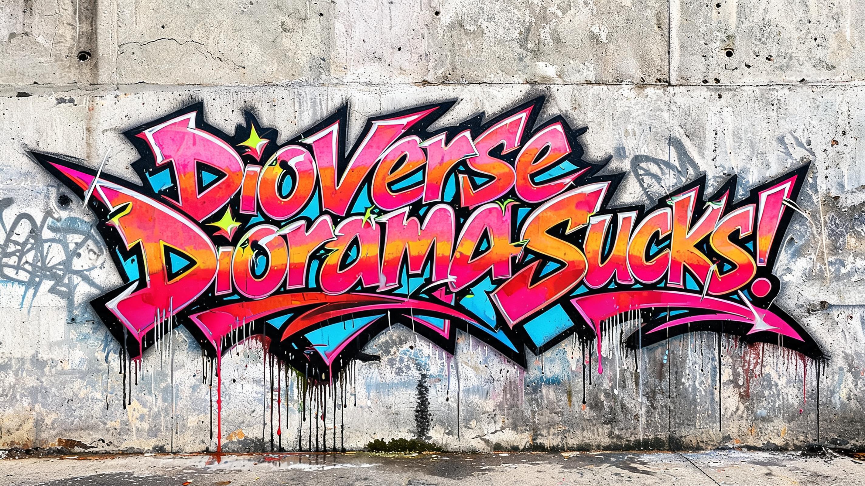 "DioVerse Diorama Sucks! " — Graffiti text effect