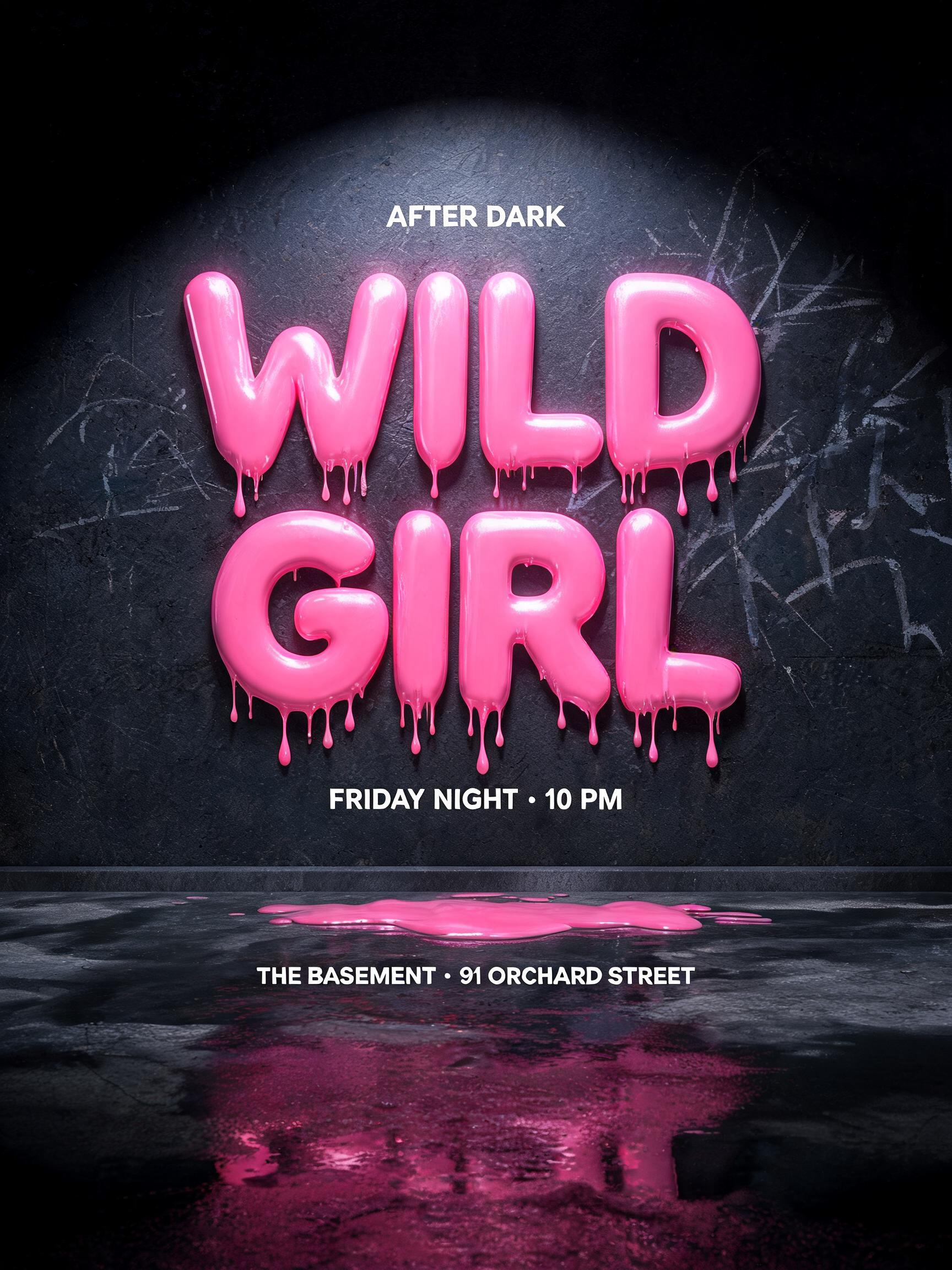 "WILD GIRL
AFTER DARK
FRIDAY NIGHT · 10 PM
THE BASEMENT · 91 ORCHARD STREET" — Drip Font | AI Text Effect Generator