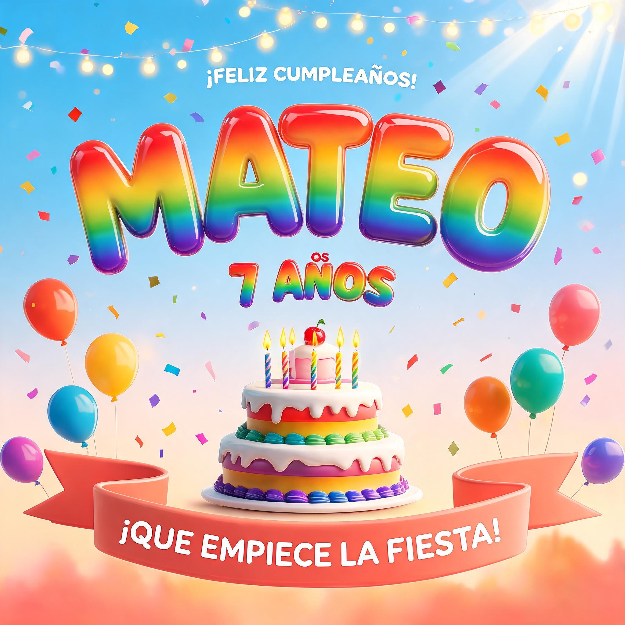"MATEO
7 AÑOS
¡FELIZ CUMPLEAÑOS!
¡QUE EMPIECE LA FIESTA!" — Rainbow | AI Text Effect Generator