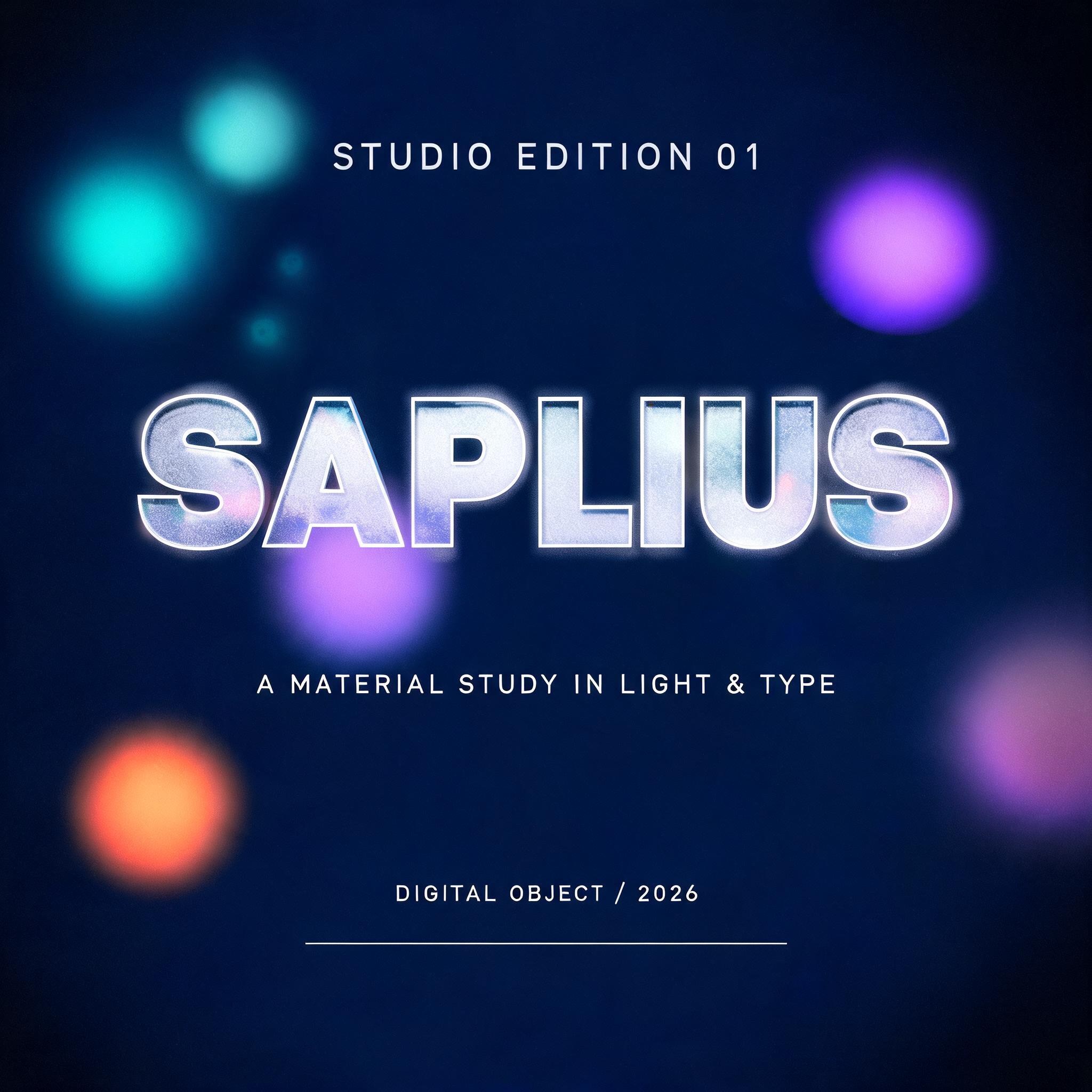"SAPLIUS
STUDIO EDITION 01
A MATERIAL STUDY IN LIGHT & TYPE
DIGITAL OBJECT / 2026" — Glass Morphism | AI Text Effect Generator