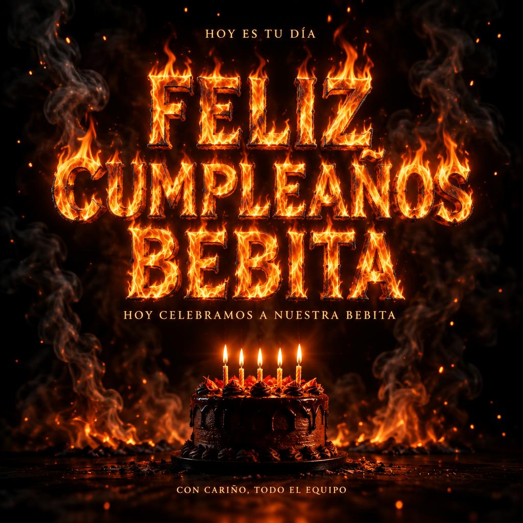 "FELIZ CUMPLEAÑOS BEBITA
HOY CELEBRAMOS A NUESTRA BEBITA
CON CARIÑO, TODO EL EQUIPO
HOY ES TU DÍA" — Fire Smoke | AI Text Effect Generator