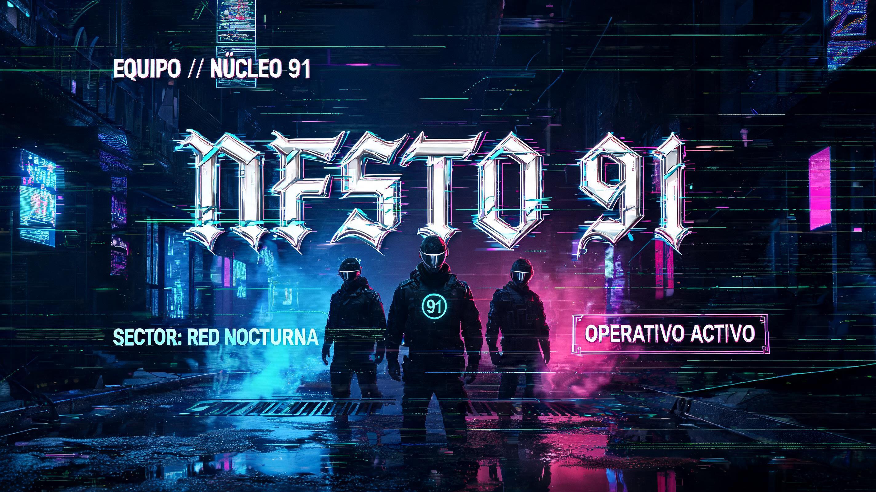 "NFSTO 91
EQUIPO // NÚCLEO 91
SECTOR: RED NOCTURNA
OPERATIVO ACTIVO" — Cyberpunk | AI Text Effect Generator