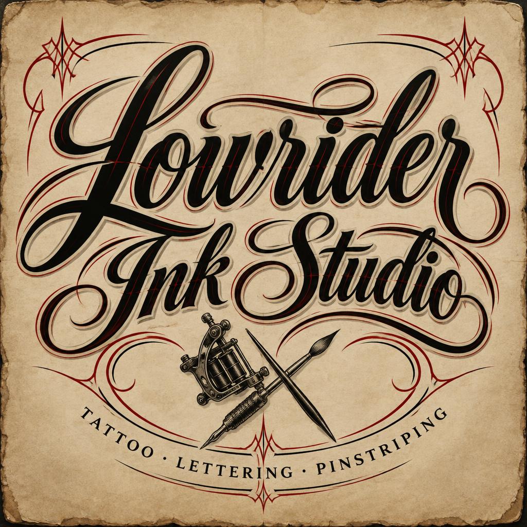 "Lowrider Ink Studio
TATTOO · LETTERING · PINSTRIPING" — Chicano | AI Text Effect Generator