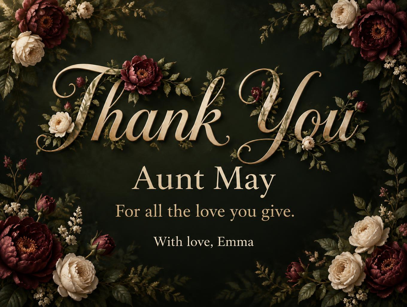 Thank You
Aunt May
For all the love you give.
With love, Emma