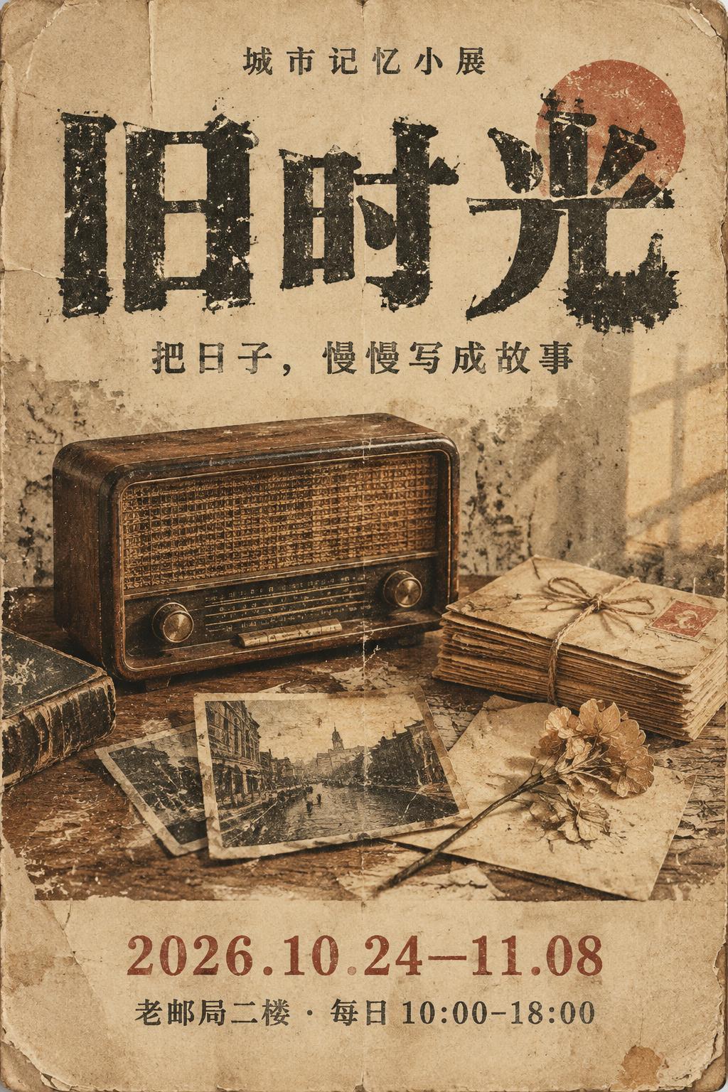 "旧时光
城市记忆小展
把日子，慢慢写成故事
2026.10.24—11.08
老邮局二楼 · 每日 10:00–18:00" — Brush Dry | AI Text Effect Generator