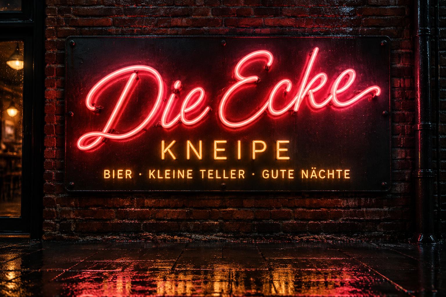 "Die Ecke
KNEIPE
BIER · KLEINE TELLER · GUTE NÄCHTE" — Neon Sign | AI Text Effect Generator