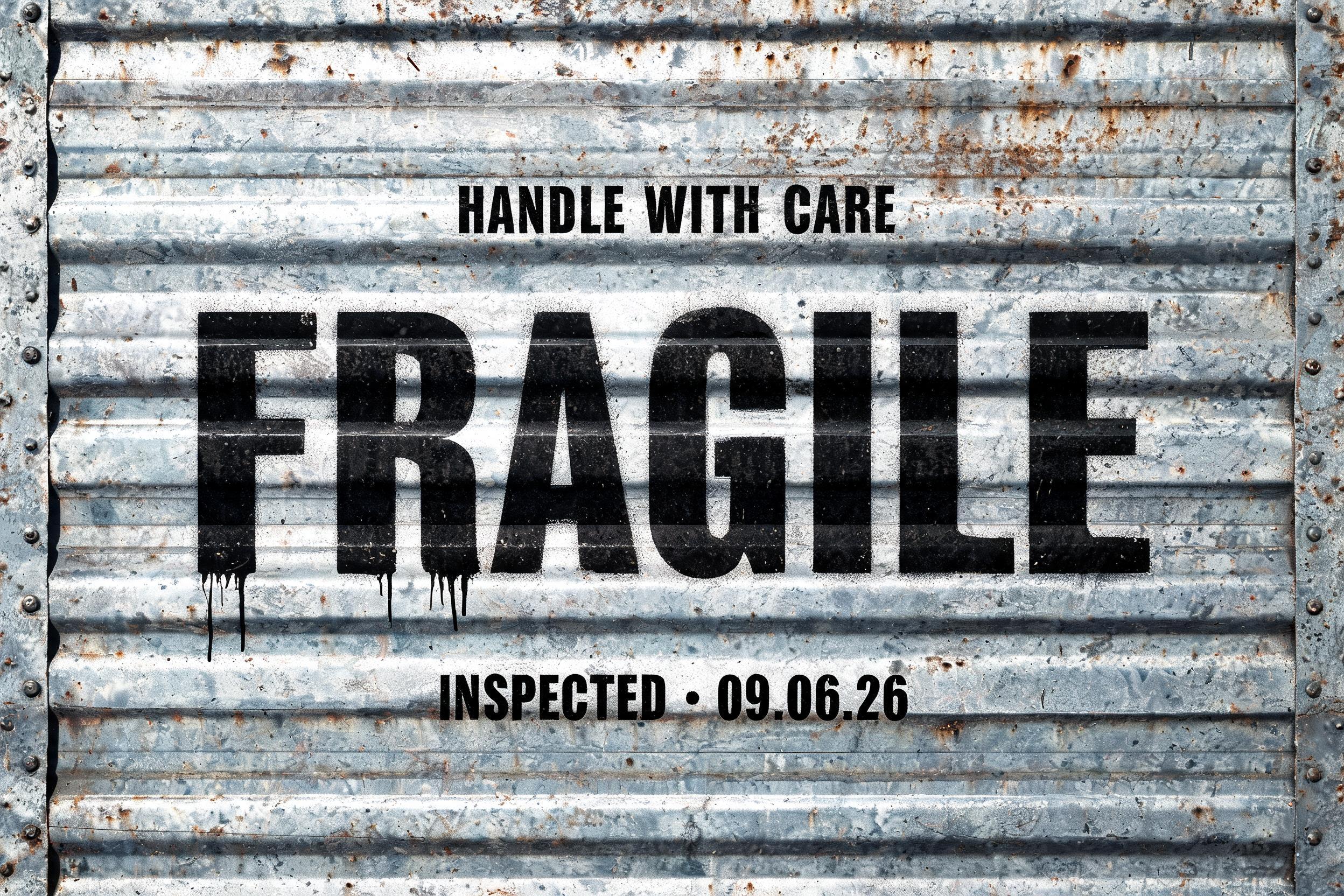 "FRAGILE
HANDLE WITH CARE
INSPECTED • 09.06.26" — Stencil | AI Text Effect Generator