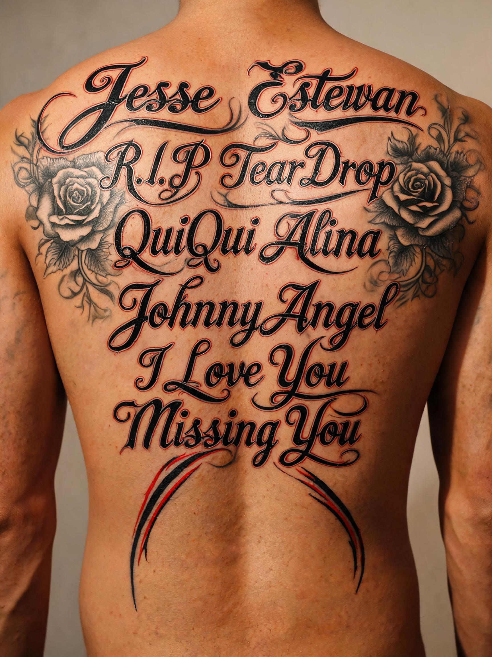 "Jesse Estevan R.I.P TearDrop QuiQui Alina JohnnyAngel I Love You Missing You" — Chicano | AI Text Effect Generator