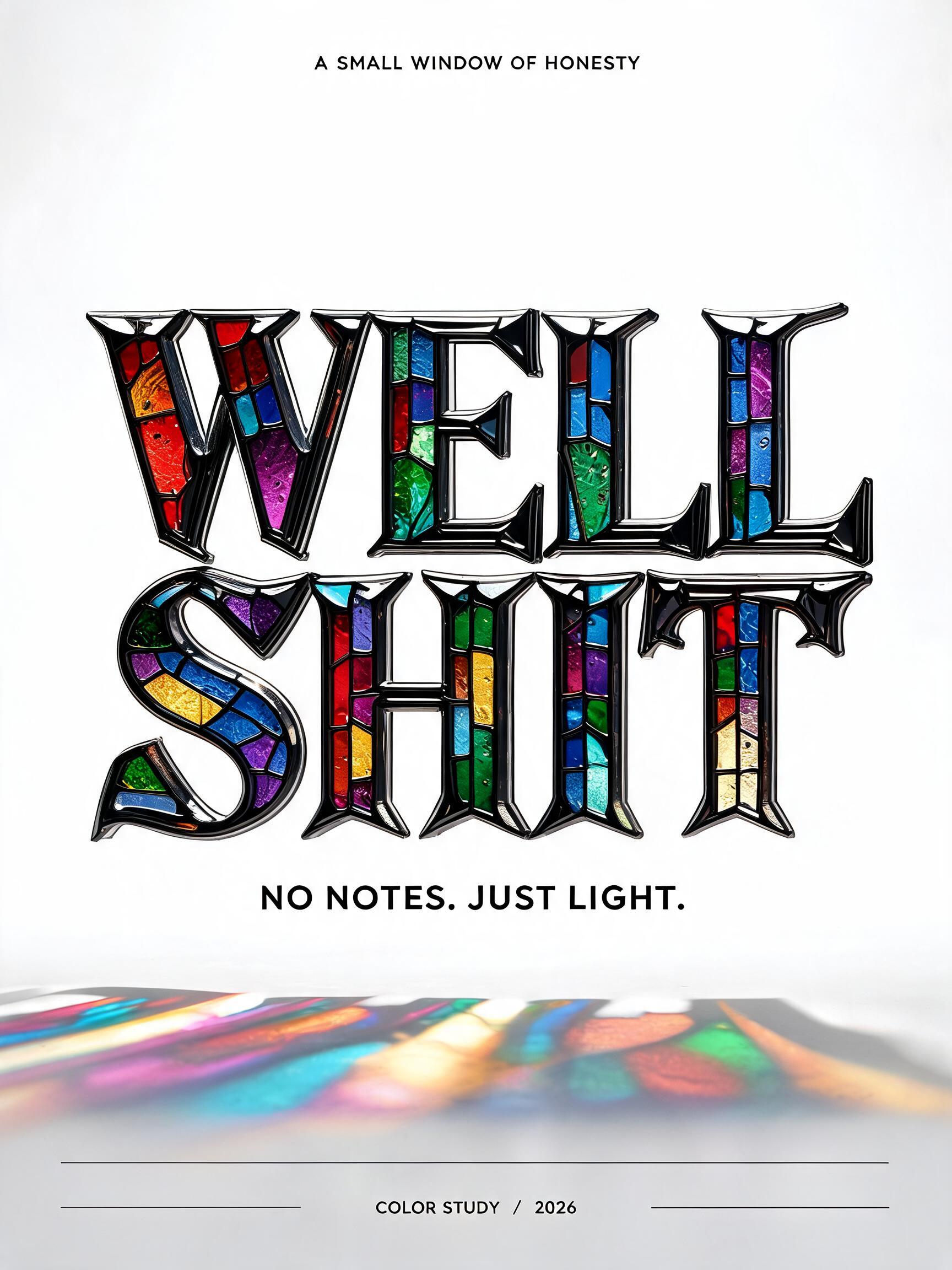 "WELL
SHIT
A SMALL WINDOW OF HONESTY
NO NOTES. JUST LIGHT.
COLOR STUDY  /  2026" — Glass Color text effect
