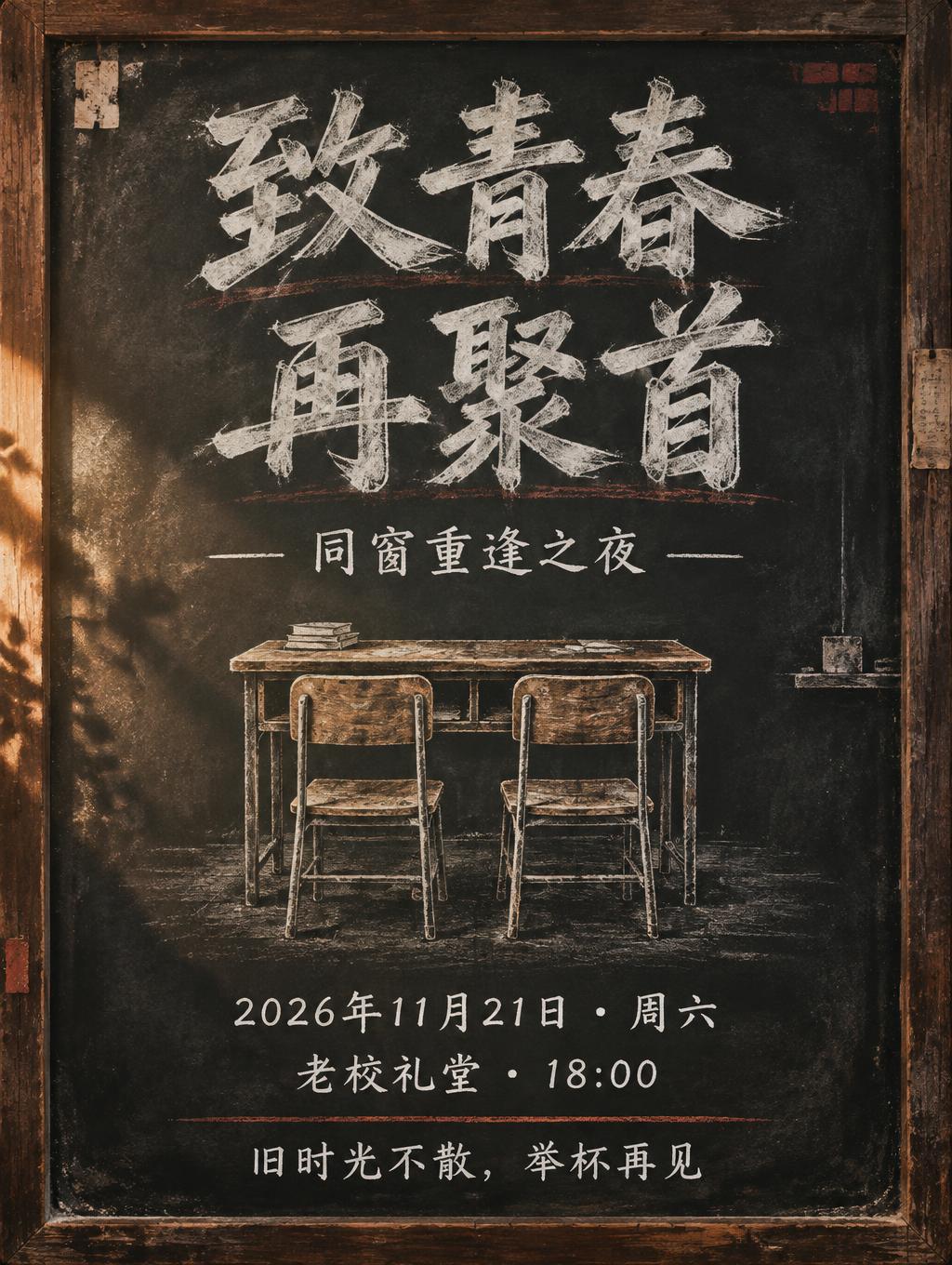 "致青春
再聚首
同窗重逢之夜
2026年11月21日 · 周六
老校礼堂 · 18:00
旧时光不散，举杯再见" — Vintage | AI Text Effect Generator