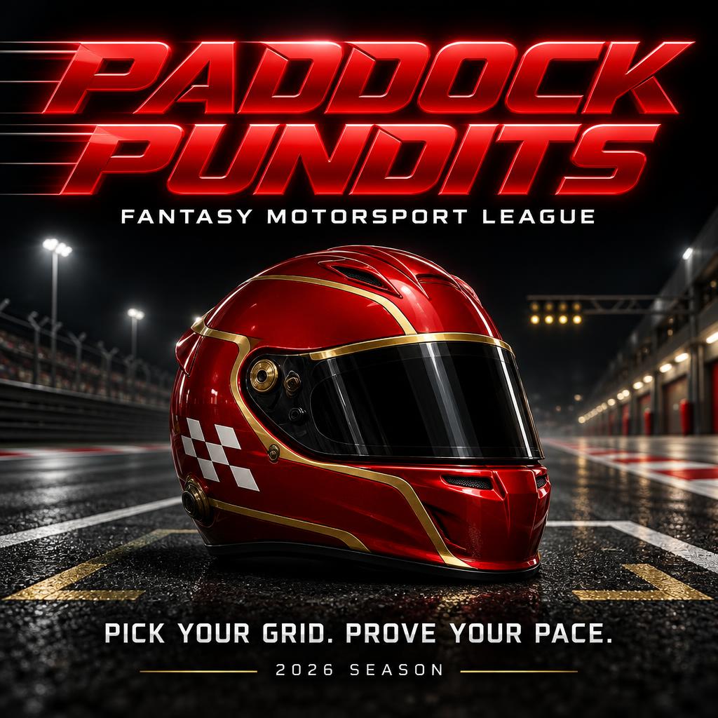 "PADDOCK PUNDITS
FANTASY MOTORSPORT LEAGUE
PICK YOUR GRID. PROVE YOUR PACE.
2026 SEASON" — Racing | AI Text Effect Generator