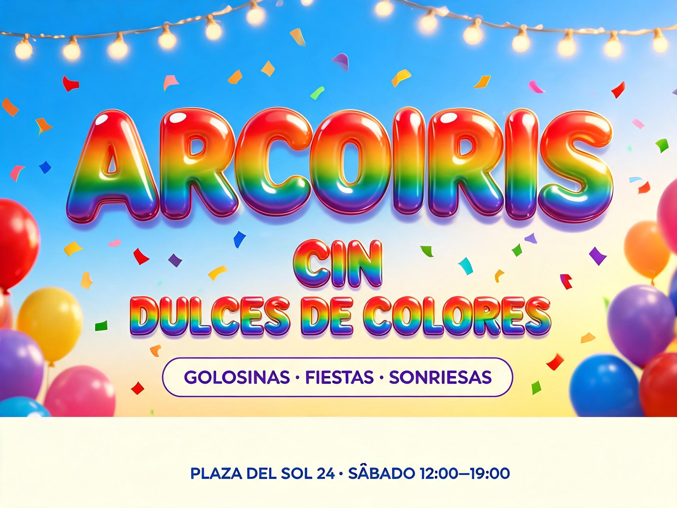 "ARCOIRIS
CIN DULCES DE COLORES
GOLOSINAS · FIESTAS · SONRISAS
PLAZA DEL SOL 24 · SÁBADO 12:00–19:00" — Rainbow | AI Text Effect Generator