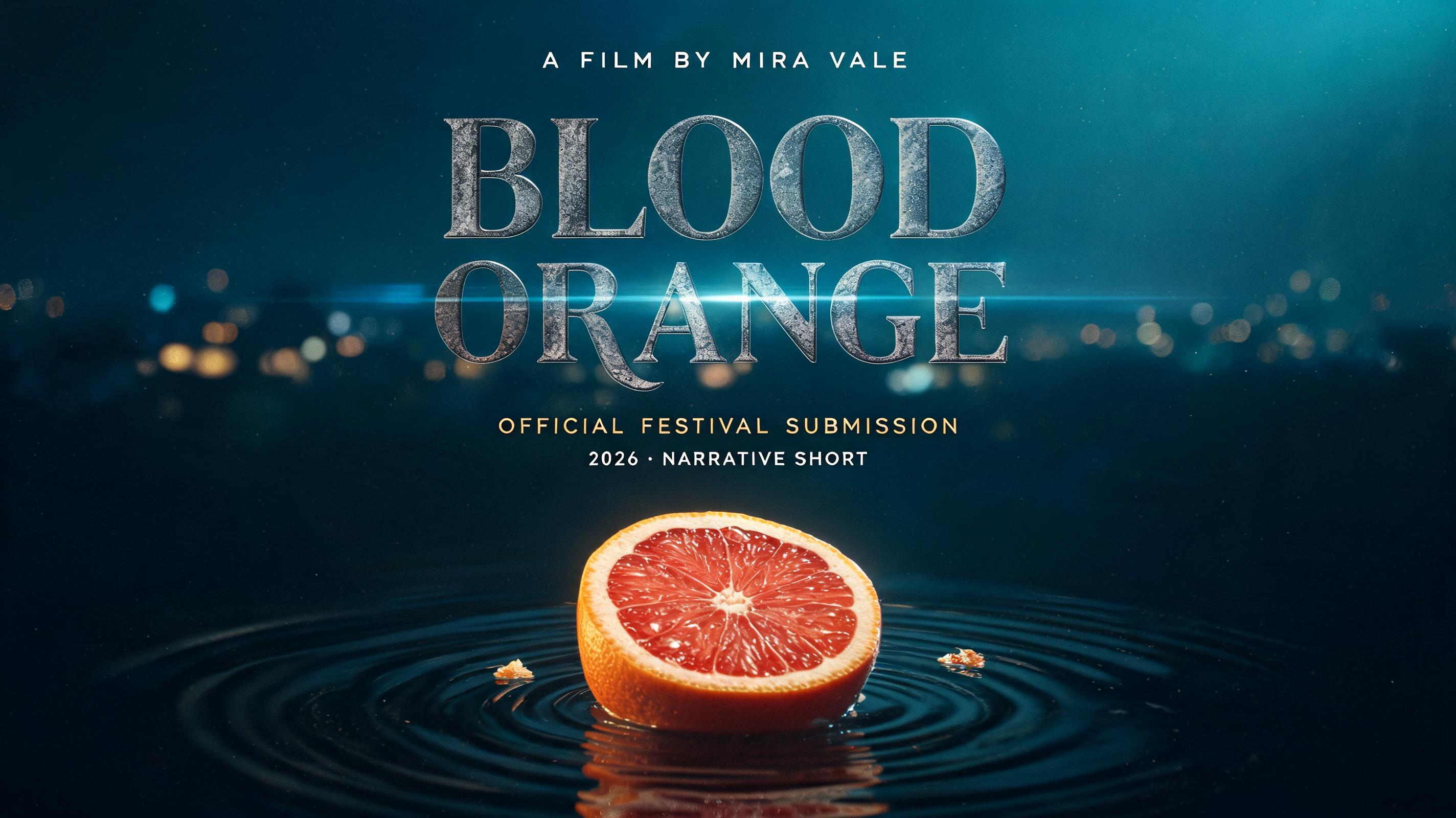 "BLOOD
ORANGE
A FILM BY MIRA VALE
OFFICIAL FESTIVAL SUBMISSION
2026 · NARRATIVE SHORT" — Cinematic Netflix | AI Text Effect Generator
