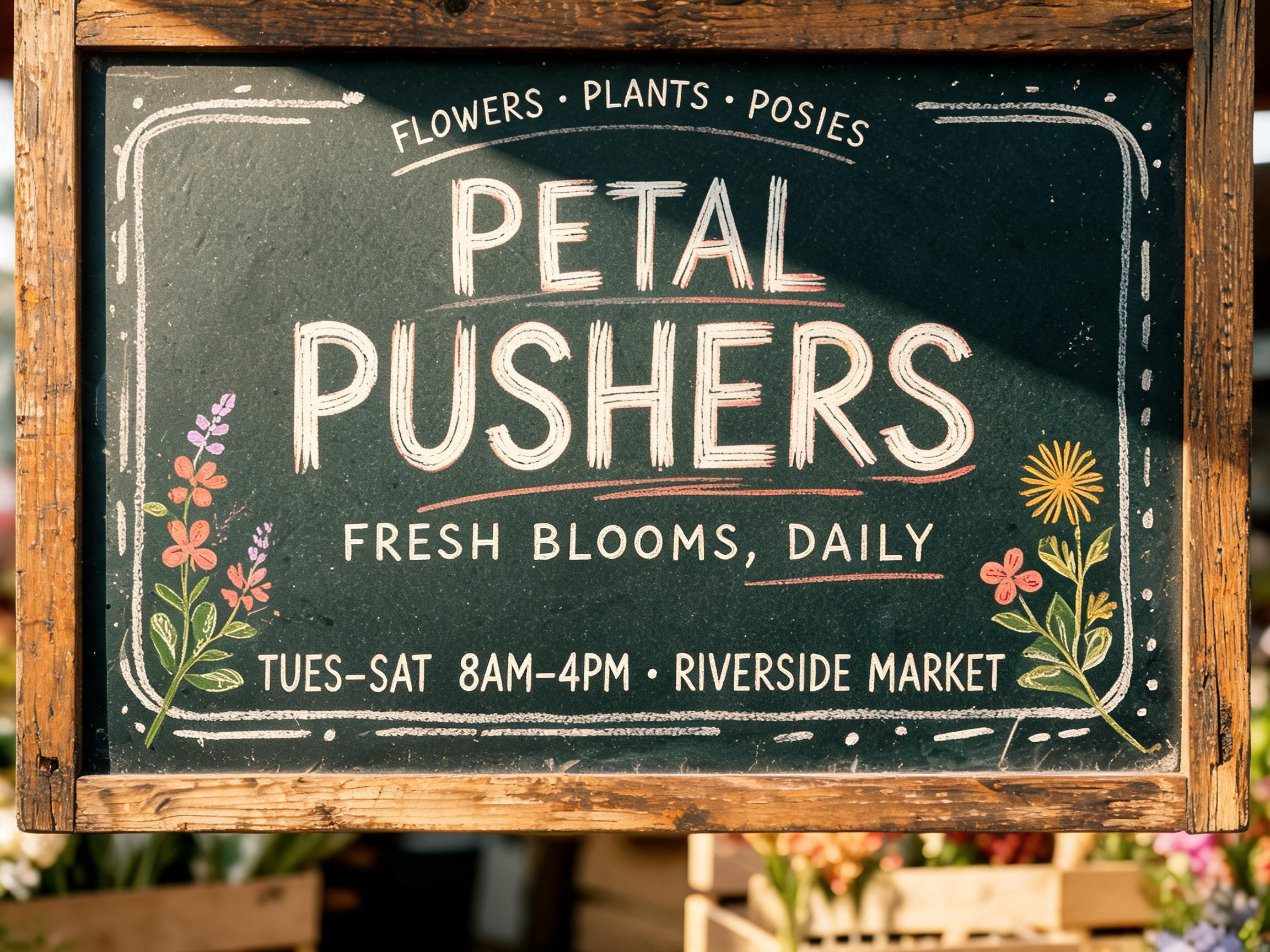 "FLOWERS • PLANTS • POSIES
PETAL
PUSHERS
FRESH BLOOMS, DAILY
TUES–SAT  8AM–4PM  •  RIVERSIDE MARKET" — Chalk | AI Text Effect Generator