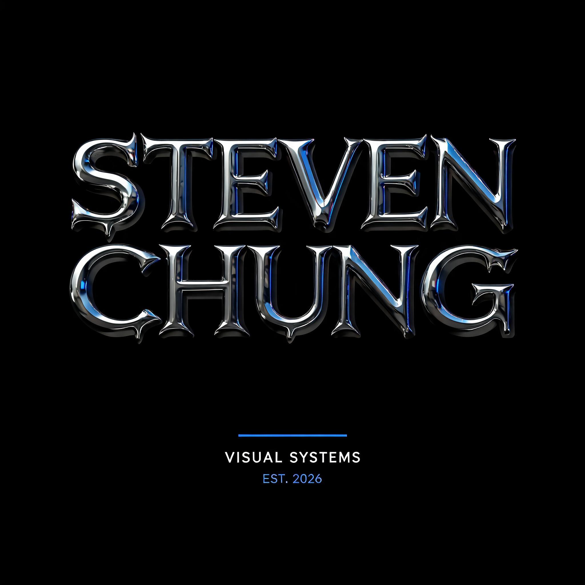 "STEVEN
CHUNG
VISUAL SYSTEMS
EST. 2026" — Chrome Metal 3d | AI Text Effect Generator