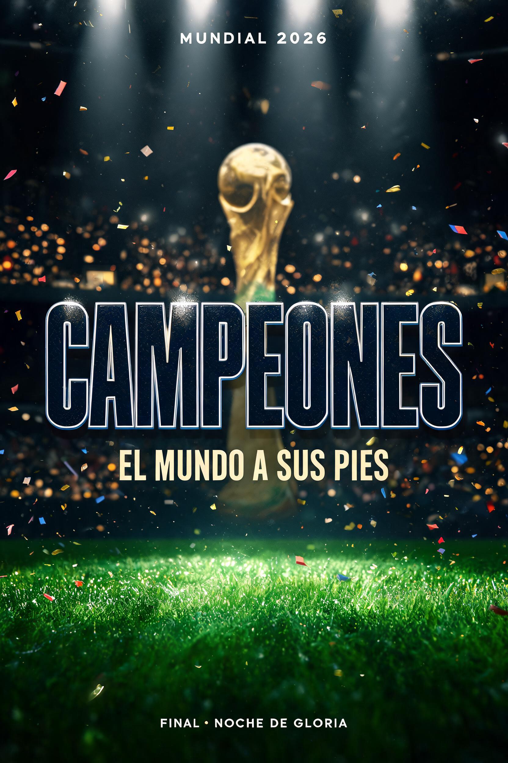 "CAMPEONES
MUNDIAL 2026
EL MUNDO A SUS PIES
FINAL · NOCHE DE GLORIA" — Sports Football | AI Text Effect Generator