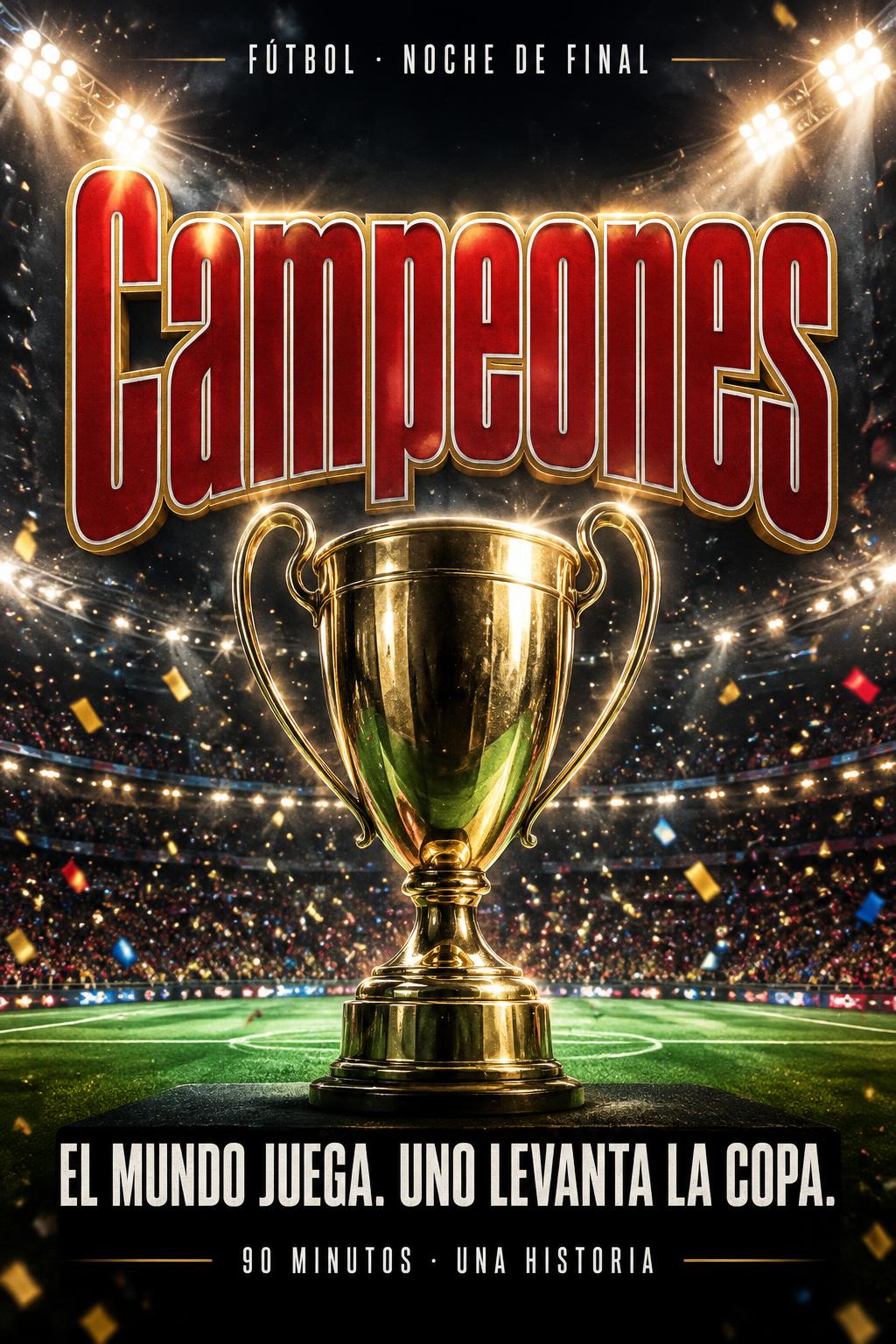 "Campeones
FÚTBOL · NOCHE DE FINAL
EL MUNDO JUEGA. UNO LEVANTA LA COPA.
90 MINUTOS · UNA HISTORIA" — Sports Football | AI Text Effect Generator